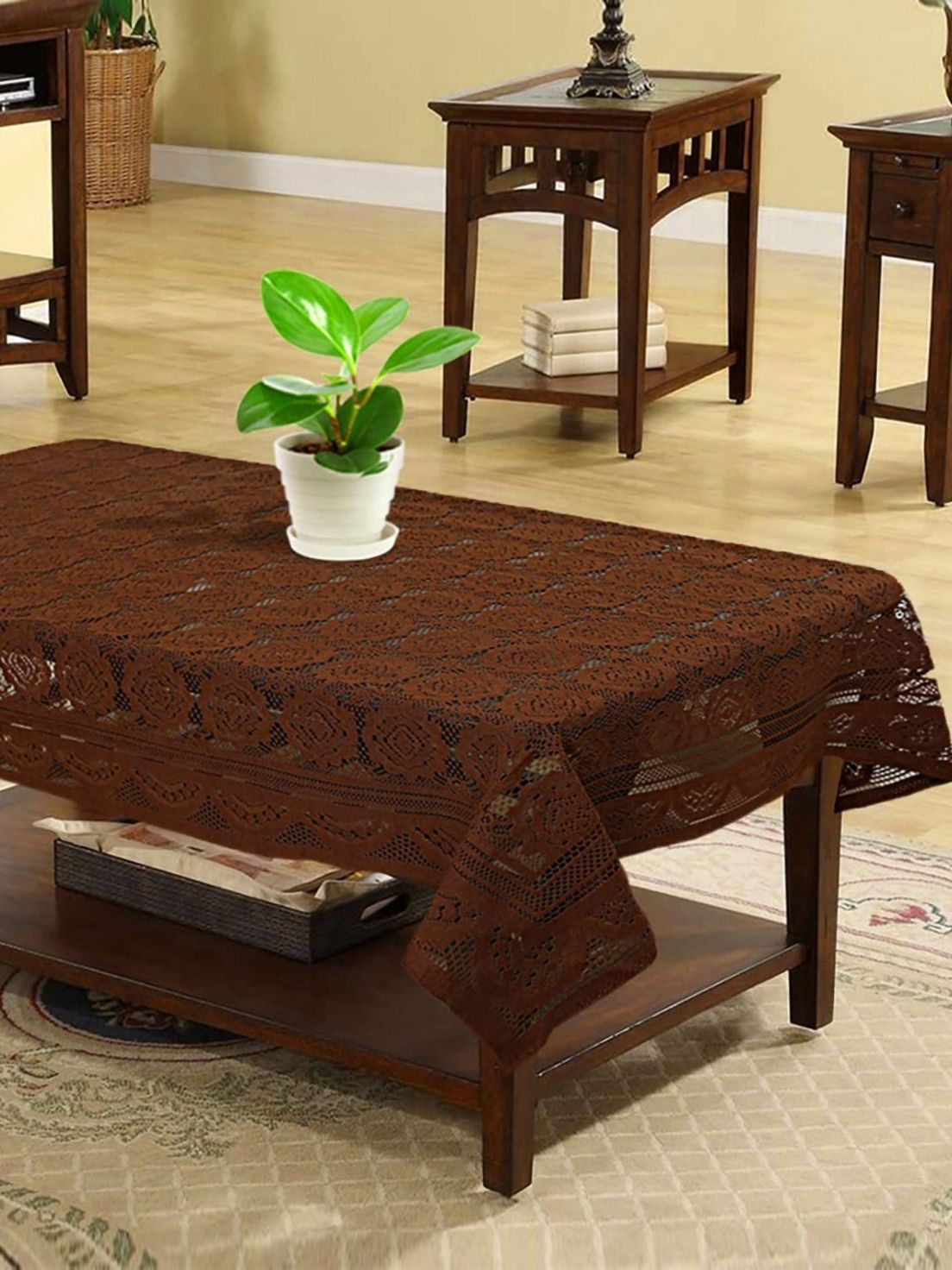 TANLOOMS Brown Ethnic Motifs Cotton 6-Seater Table Cover with Embroidered details