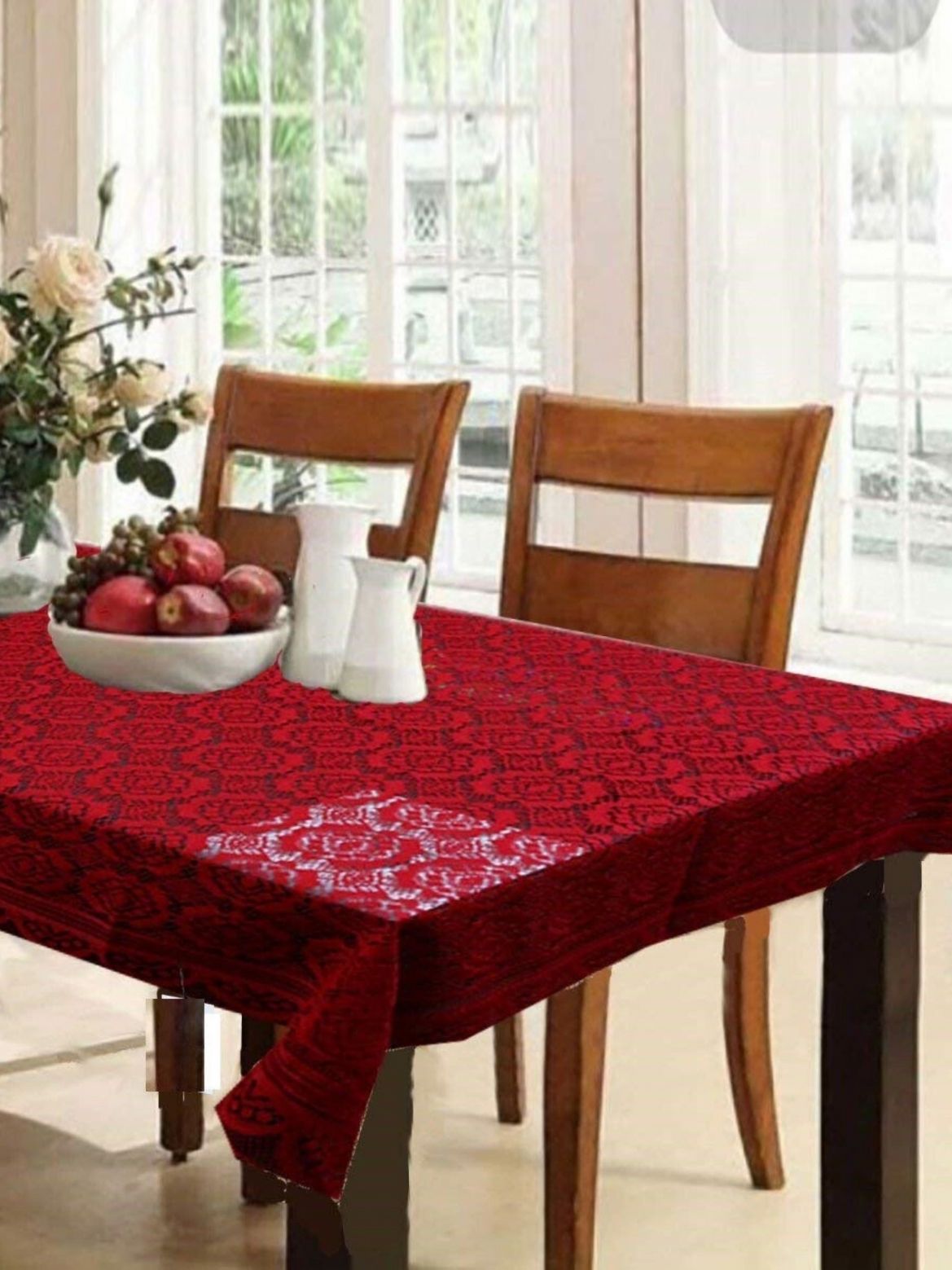 TANLOOMS Maroon Floral Cotton 6-Seater Table Cover with Embroidered details