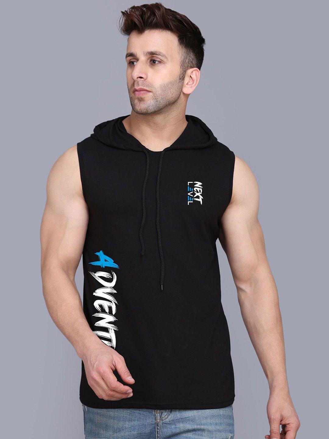 SLOWLORIS Typography Printed Hooded Combed Cotton Gym Vest SL28 ADV BLACK