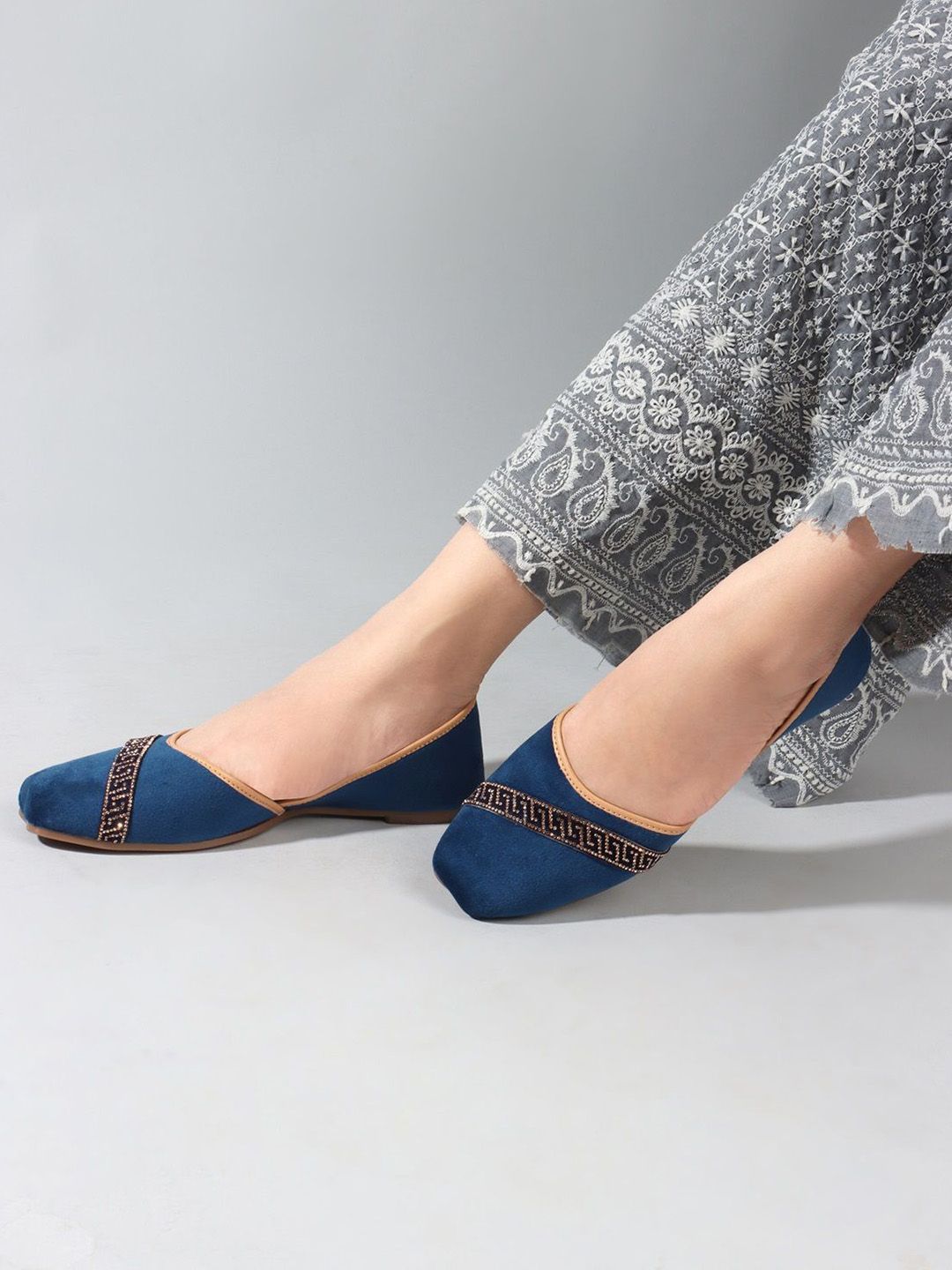 Anouk Blue Embellished Round Toe Ballerinas