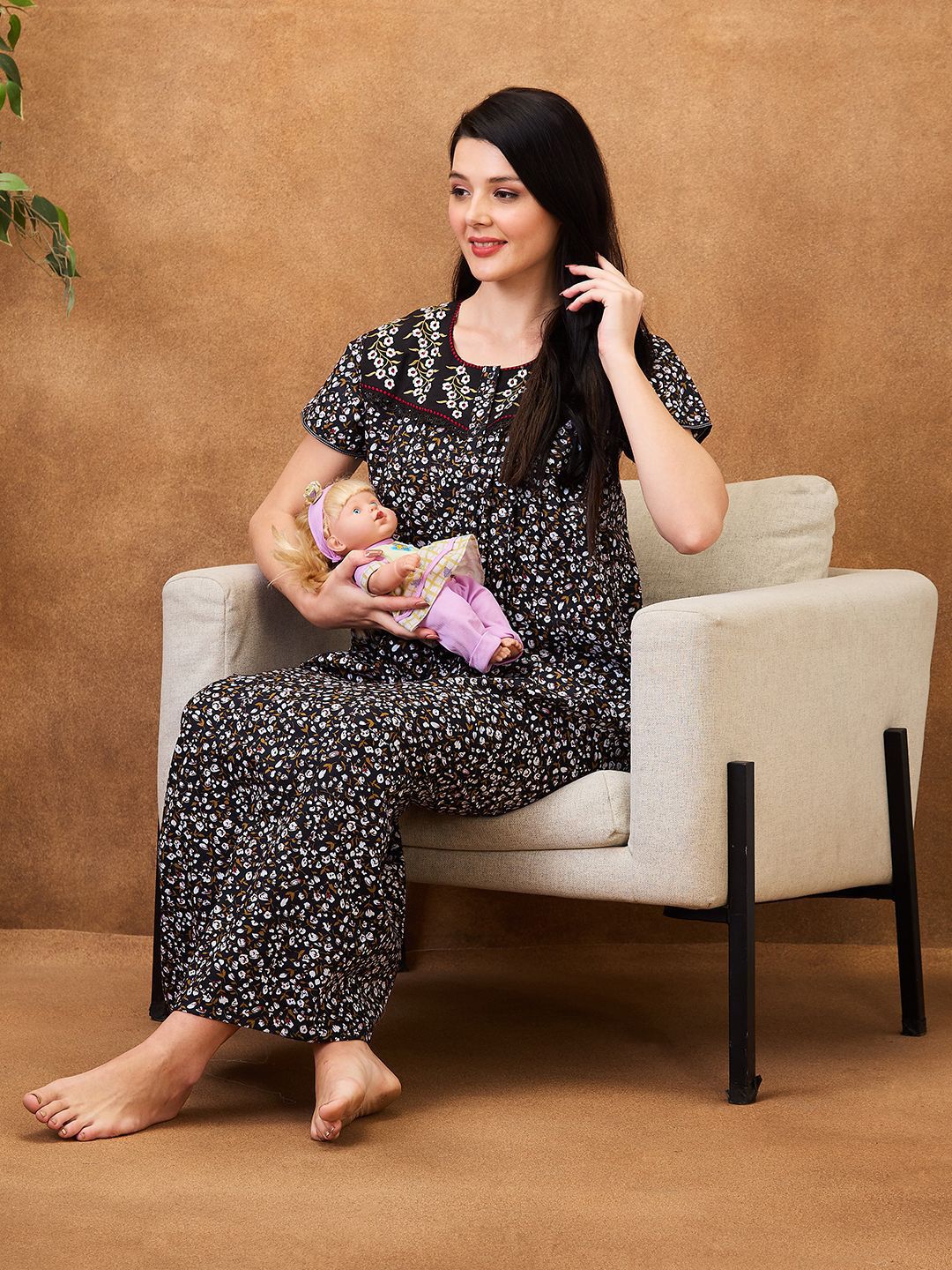 AV2 Floral Printed Pure Cotton Maternity Maxi Nightdress