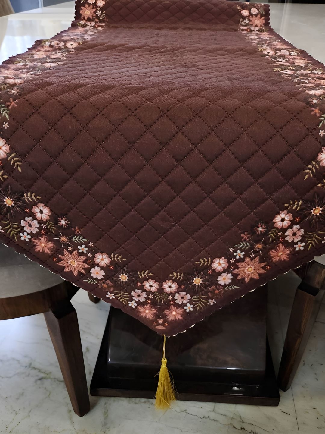 MONKDECOR Brown Floral Printed Velvet Table Runner
