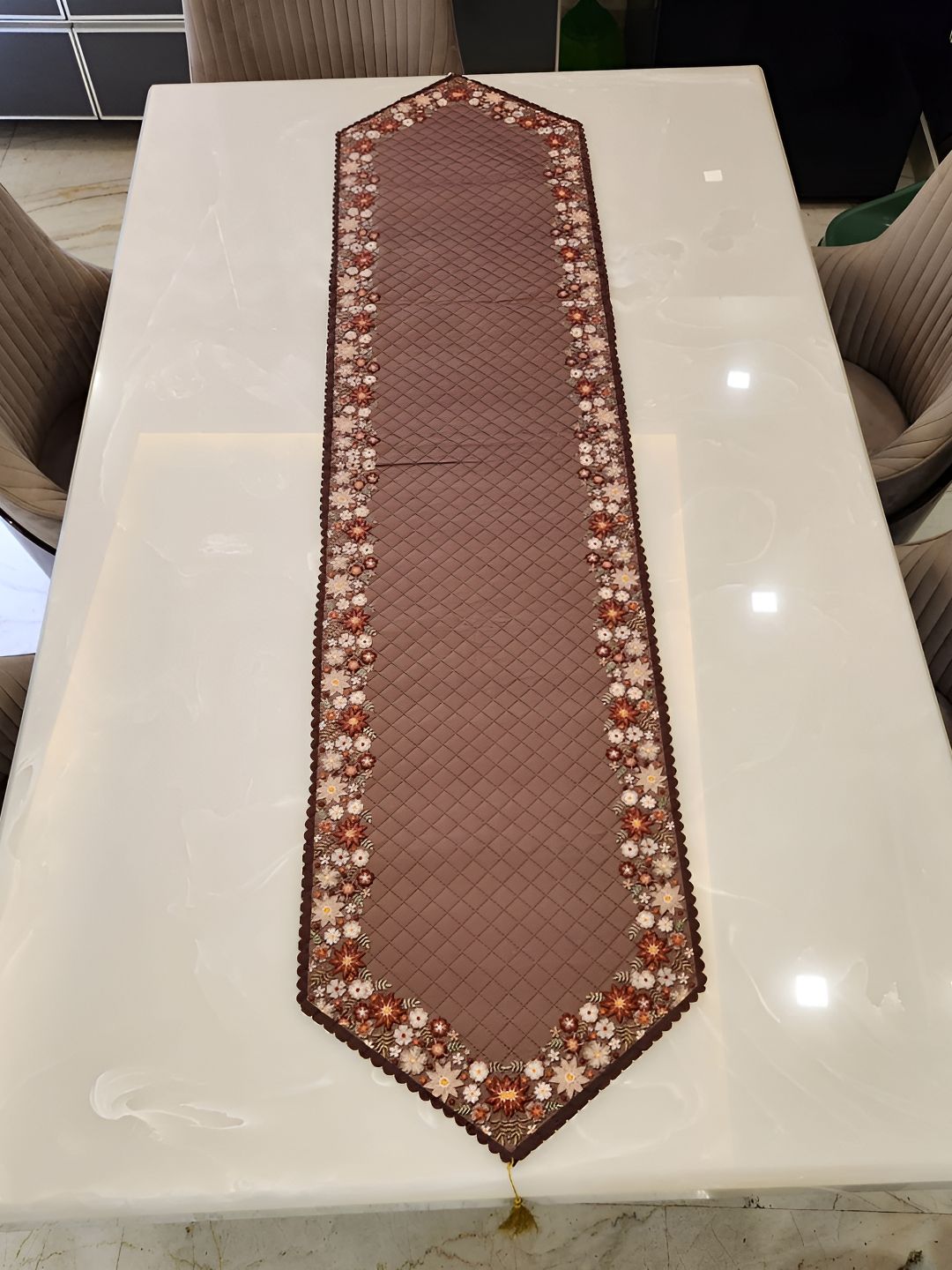 TANLOOMS Brown & White Floral Printed Velvet Rectangle Table Runner