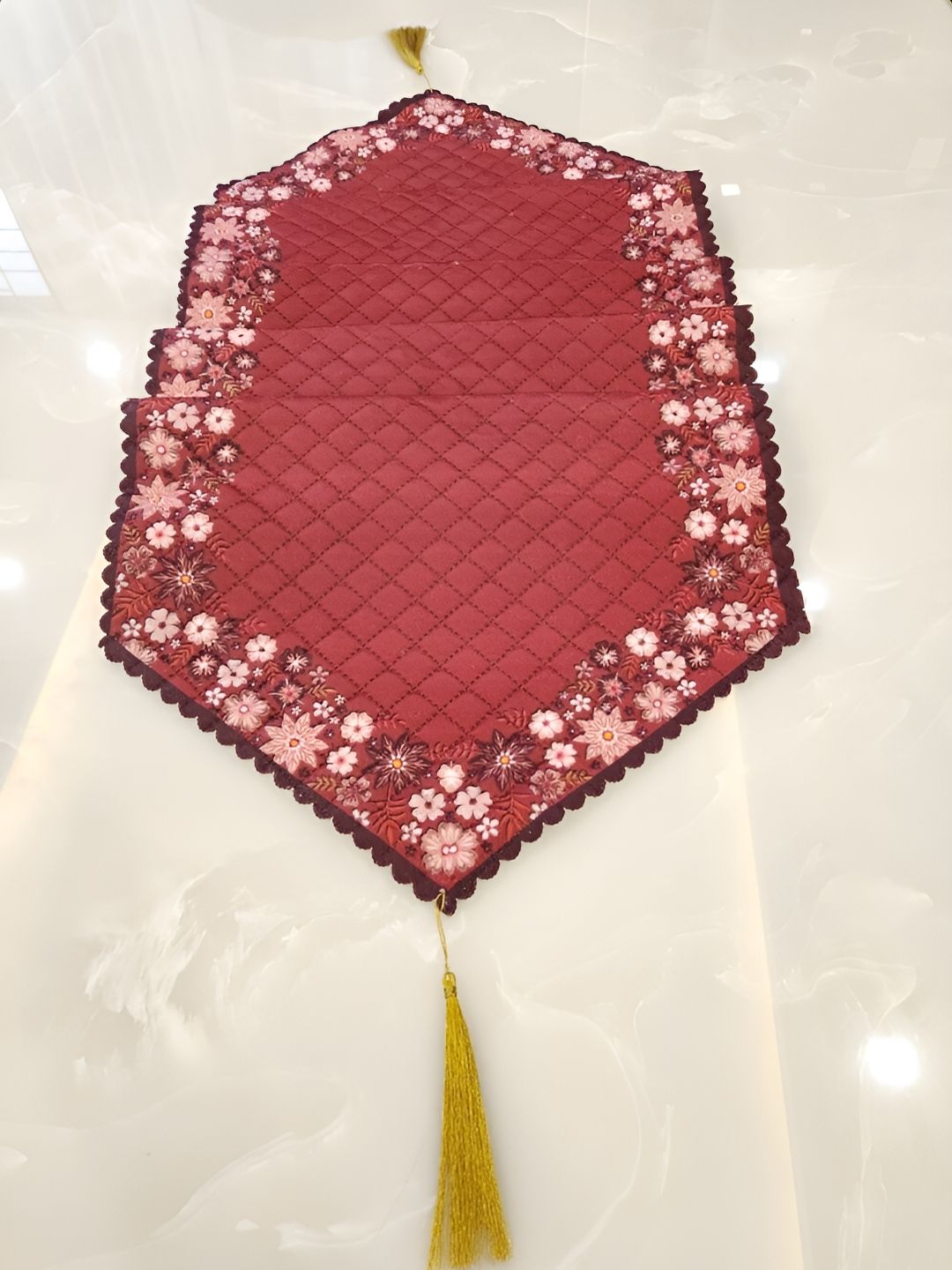 TANLOOMS Maroon & White Floral Printed Velvet Rectangle Table Runner