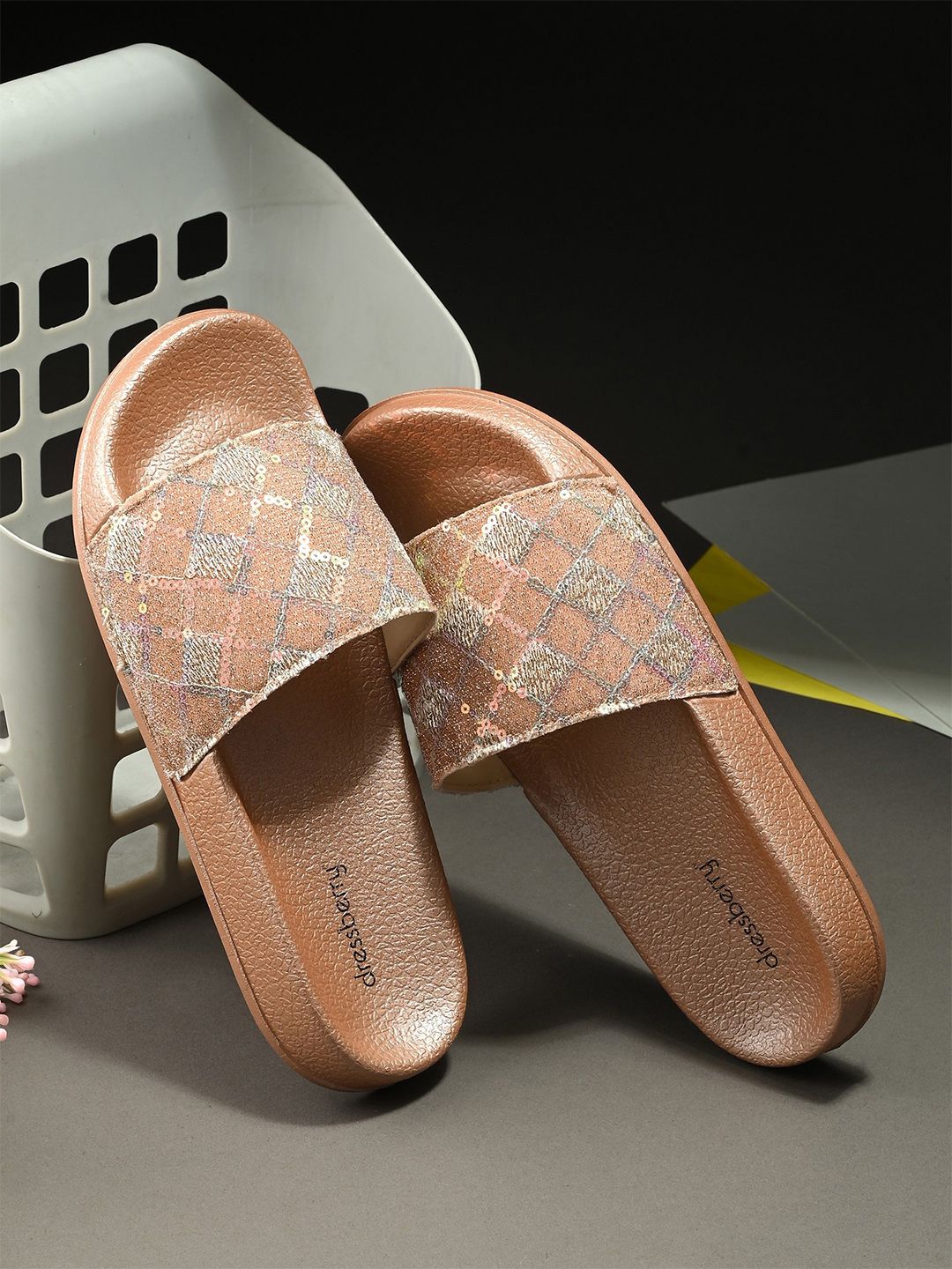 DressBerry Women Gold-Toned Embellished Sliders