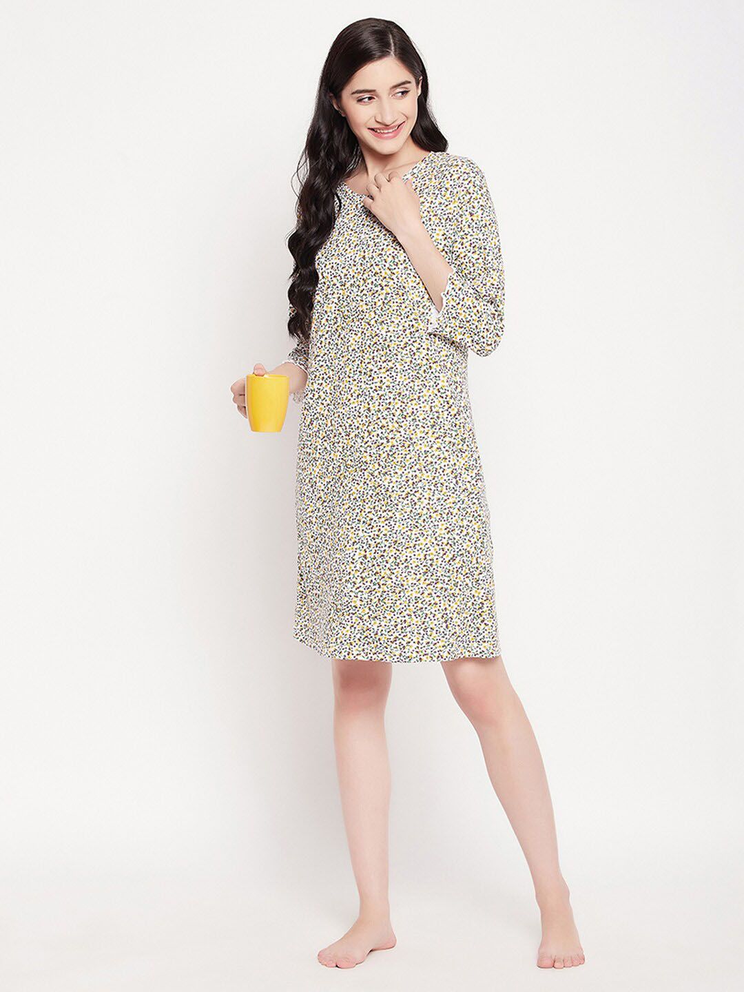 Clovia Floral Printed Pure Cotton T-shirt Nightdress