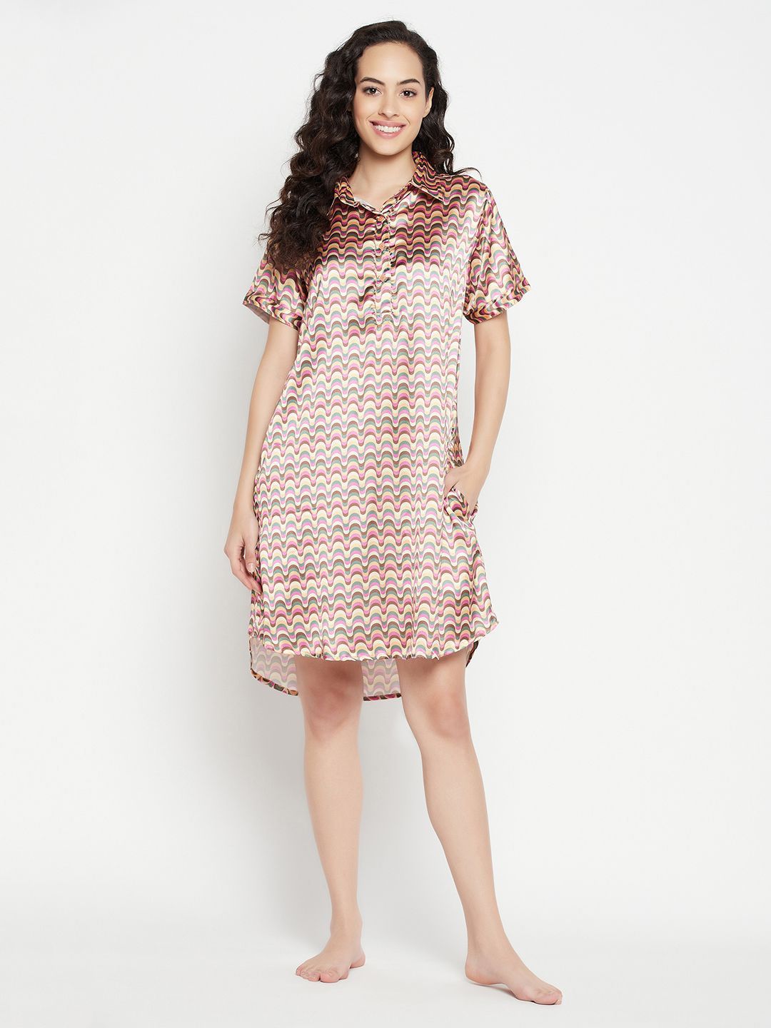 Clovia Abstract Printed Satin Shirt Nightdress