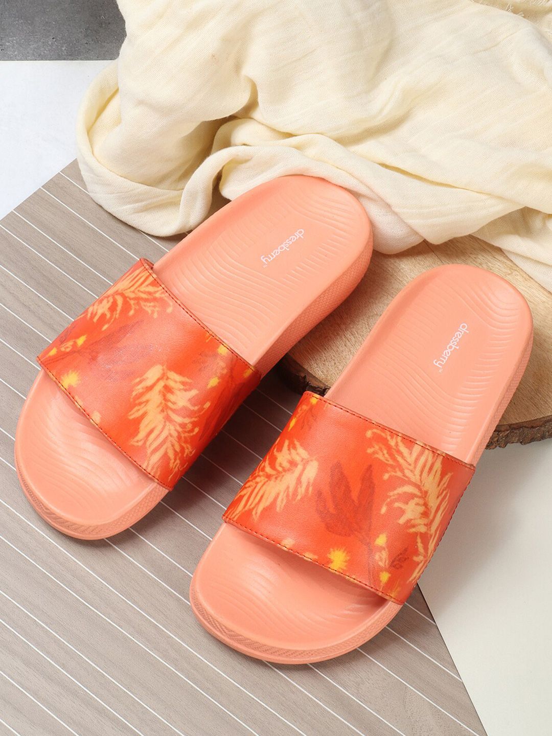 DressBerry Women Orange-Coloured Printed Sliders