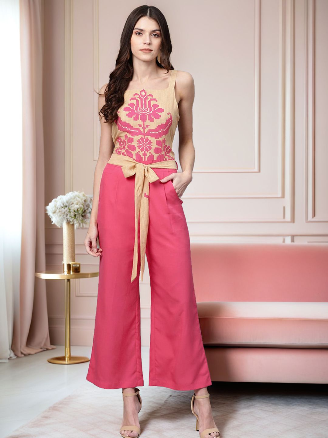 Zima Leto Printed Shoulder Straps Waist Tie-Ups Basic Jumpsuit