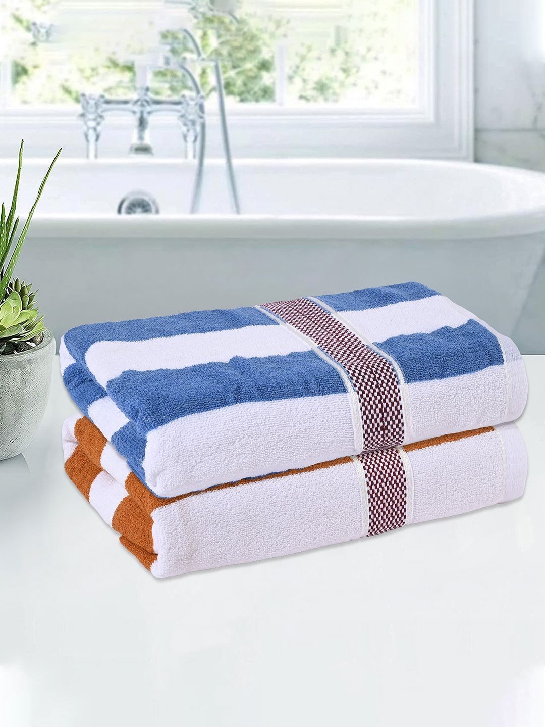 Kuber Industries White & Brown 2 Pieces Striped Cotton 150 GSM Bath Towel