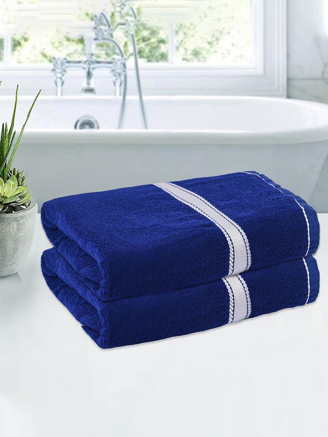 Kuber Industries Blue & White 2 Pieces Striped Cotton 150 GSM Bath Towels