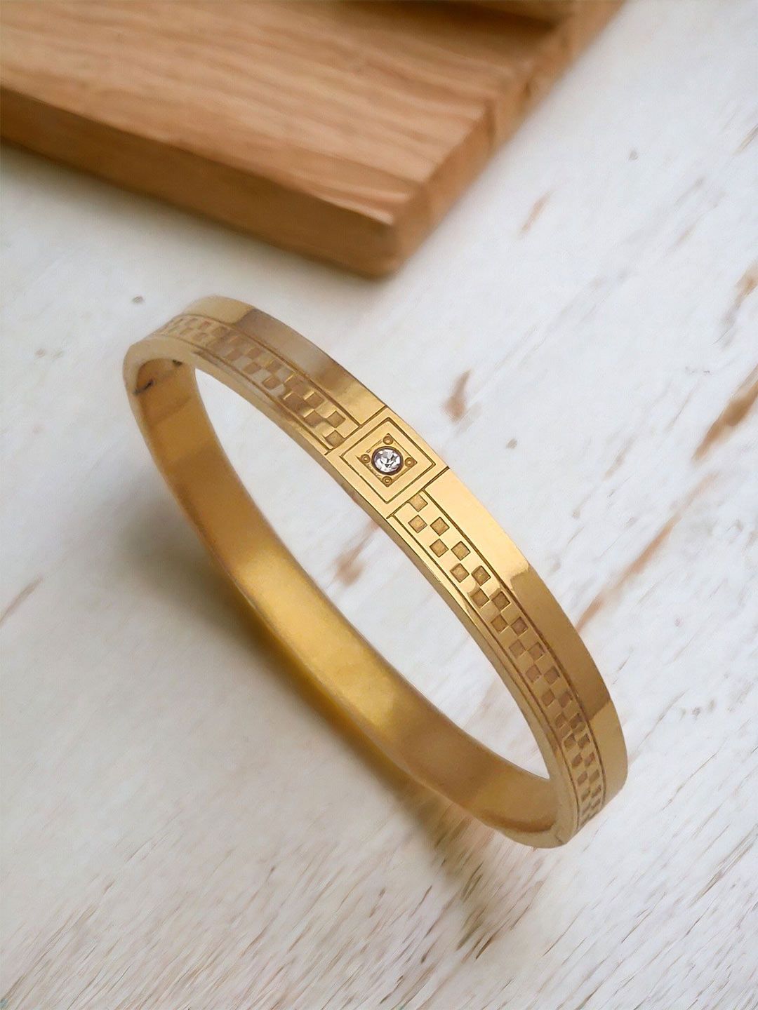 WATCHSTAR Men Gold-Plated Stainless Steel Enamelled Diamond Stitched Kada Bracelet