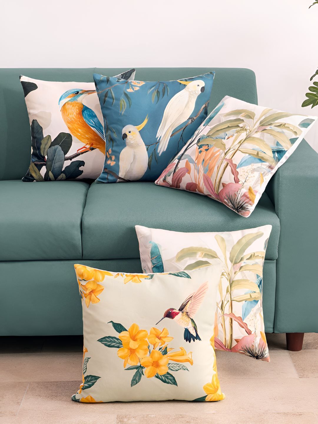 haus & kinder Blue & White 5 Pieces Cotton Floral Square Cushion Covers