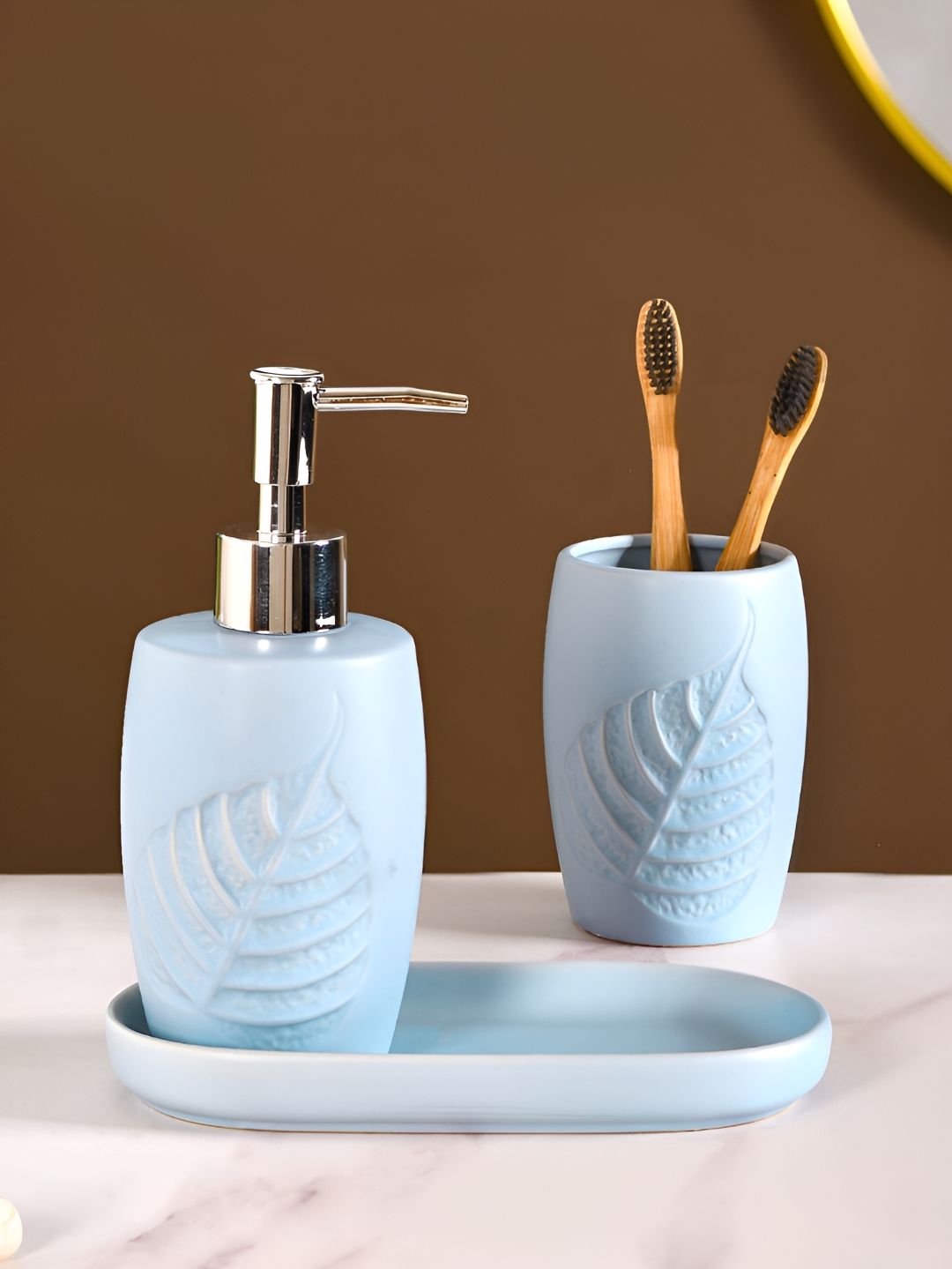 Nestasia Blue 3 Pieces Floral Self Design Ceramic Bath Accessories Set