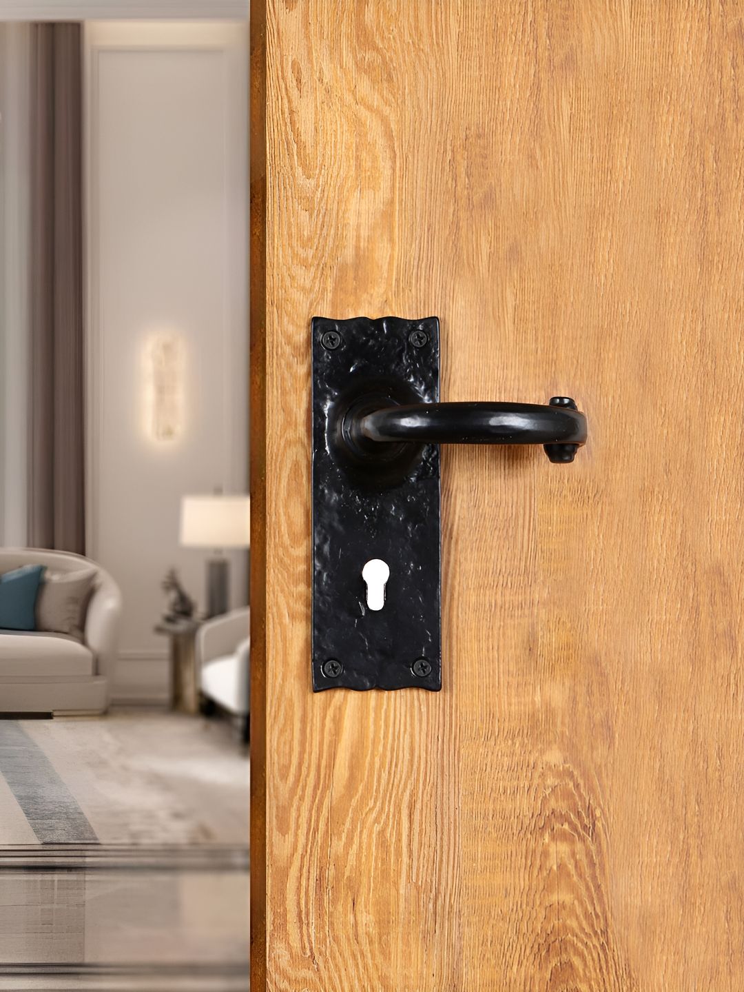 Two Moustaches Black Iron Door Handle with Plate