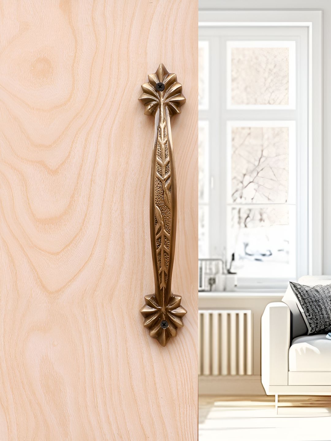 Two Moustaches Brown Leaf Carved Brass Door Handle