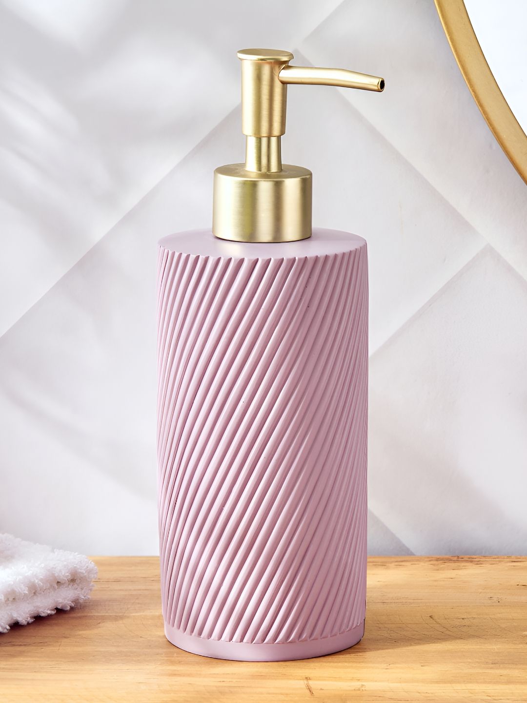 Home Centre Purple & Gold-Toned Striped Polyresin Soap Dispenser 355ml