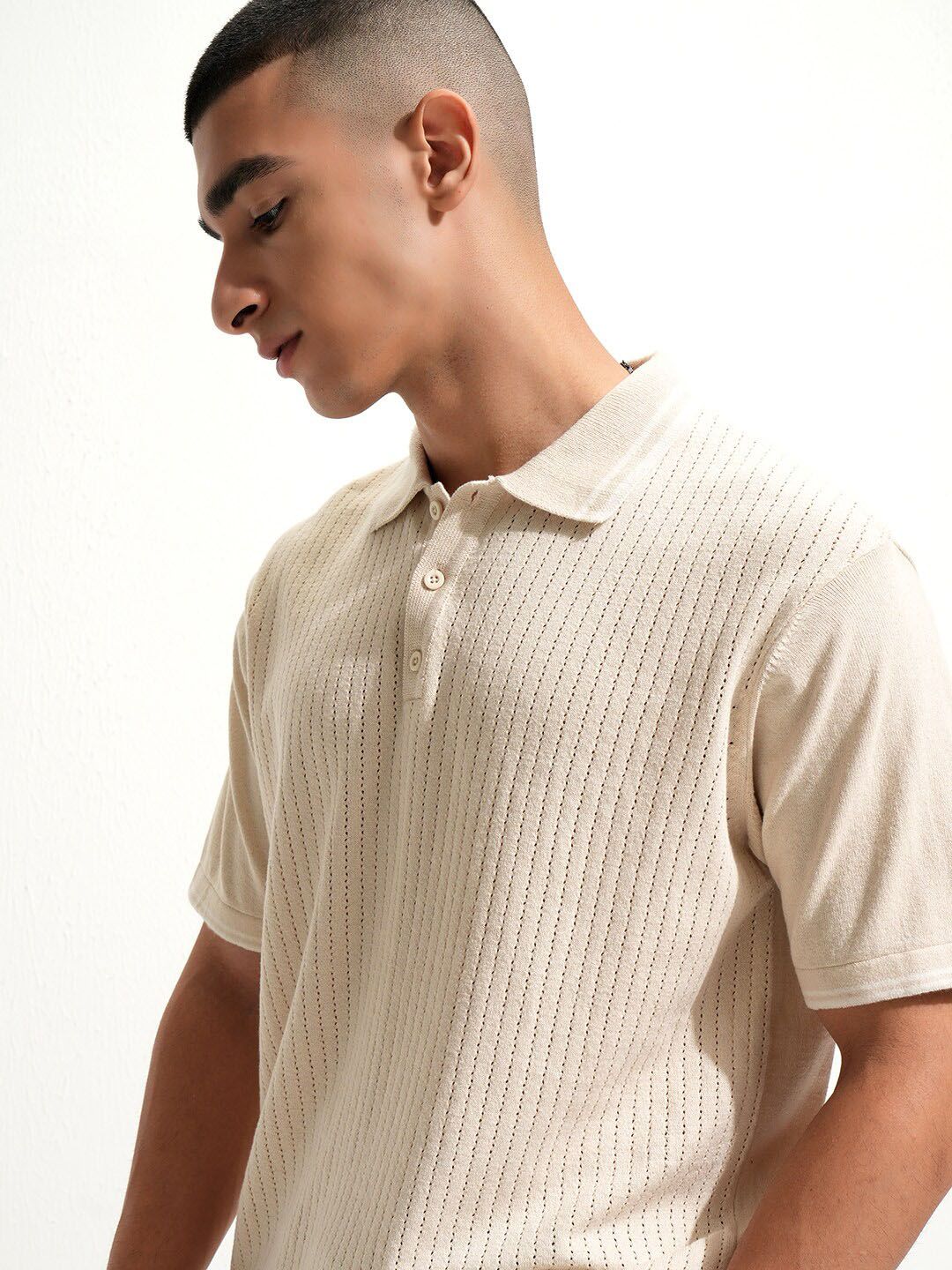 Polo Collar Cotton T-shirt HIGHLANDER Self Design Polo Collar Cotton Short Sleeves Relaxed Fit T-shirt
