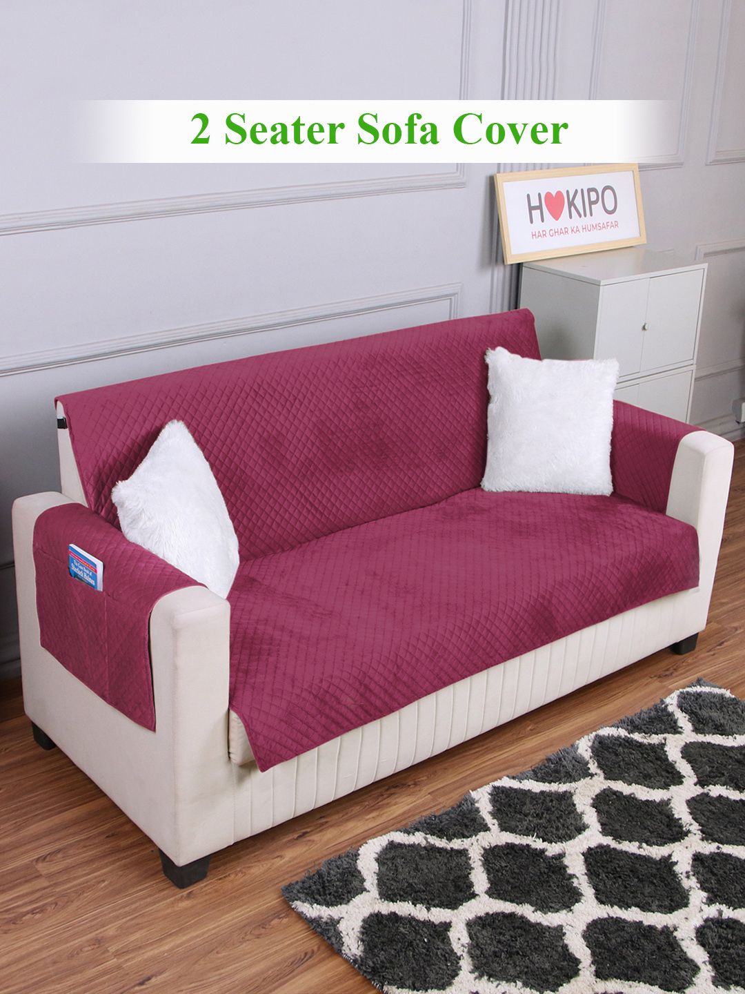 HOKIPO Burgundy 2 Seater Quilted Velvet Sofa Cover With Arms