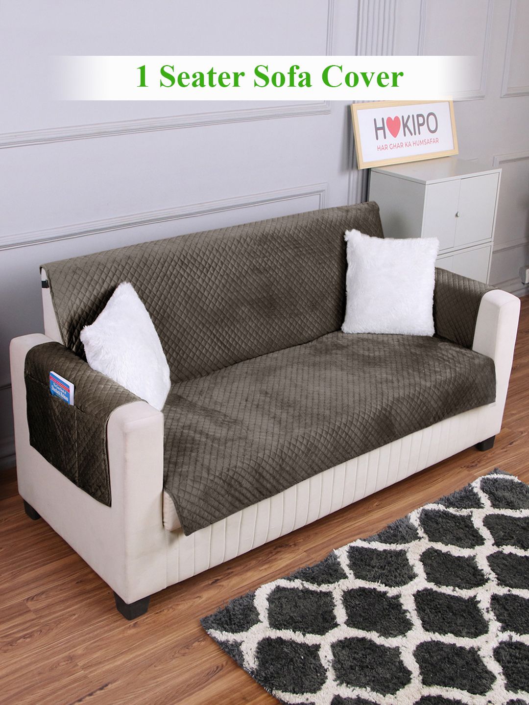 HOKIPO Brown Velvet 1 Seater Sofa Cover With Arms