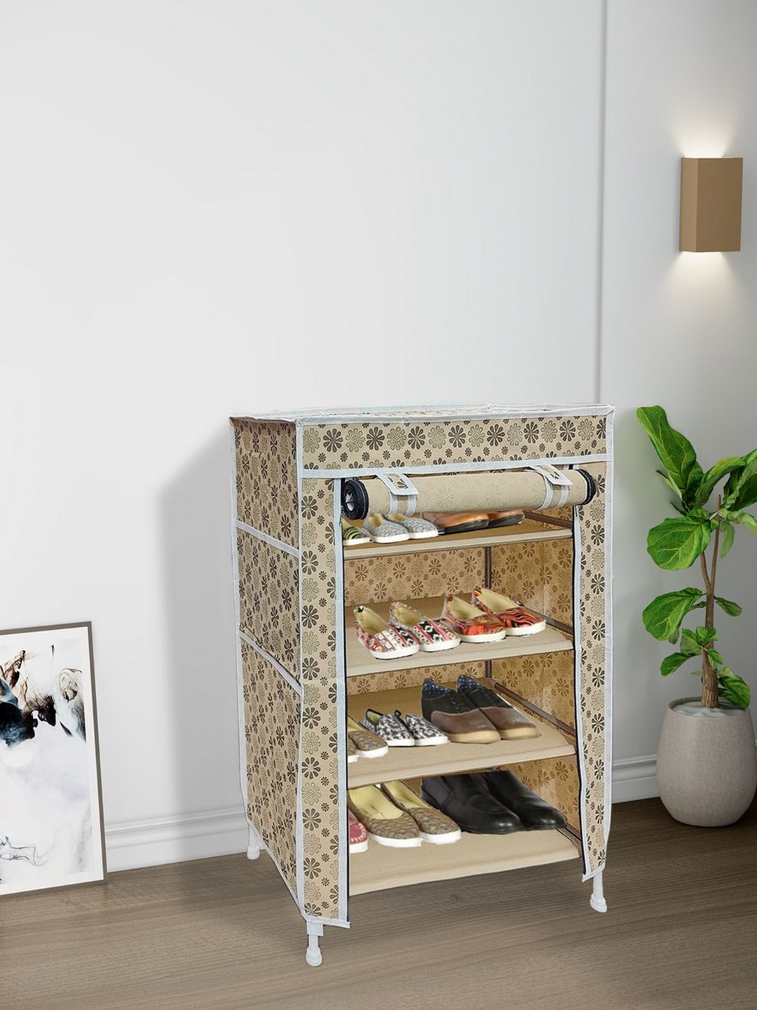 Fabura Beige & White 4-Tier Moisture Resistant Rectangle Shoe Rack