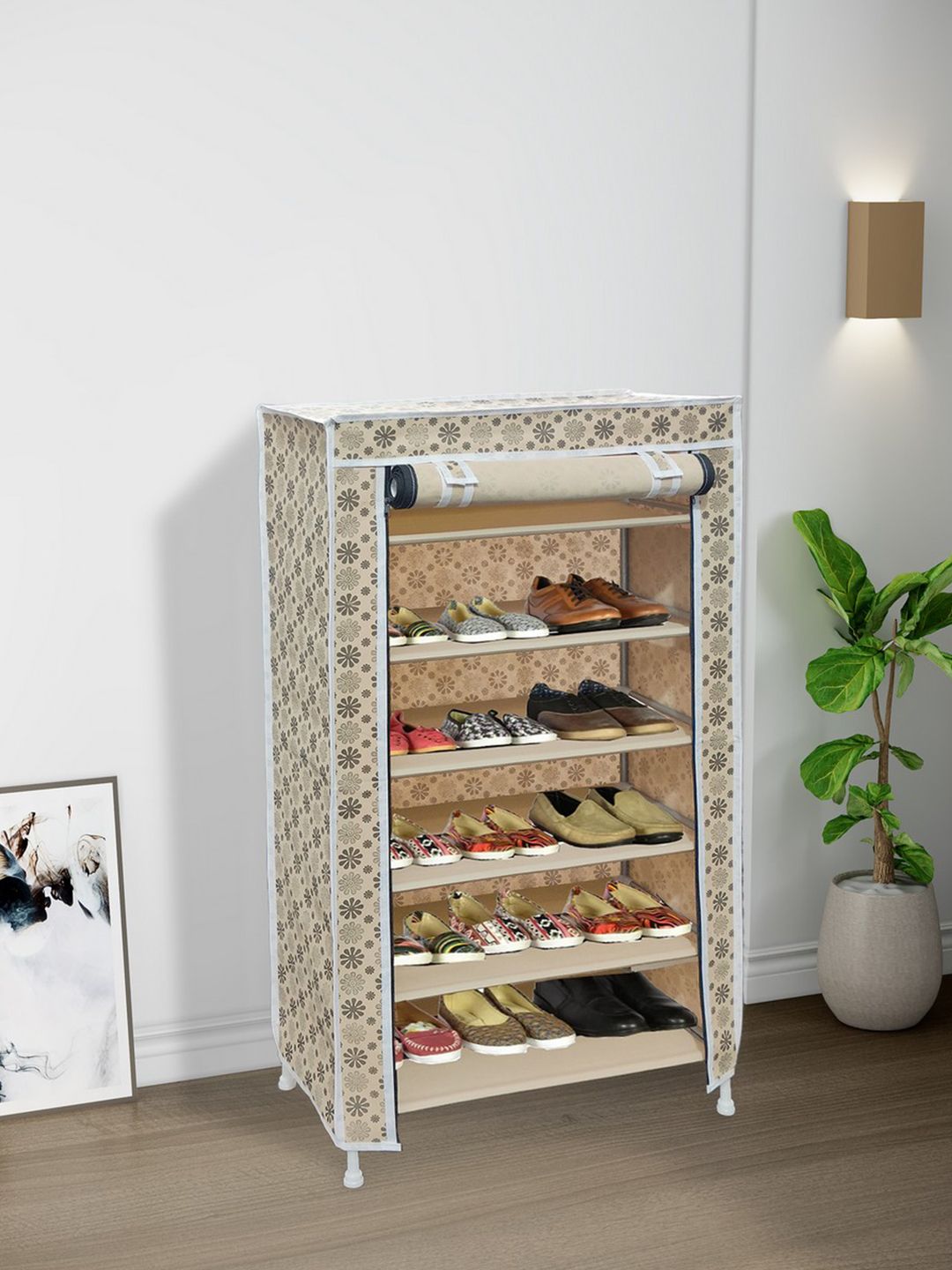 Fabura Beige & White Printed 6-Tier Moisture Resistant Rectangle Shoe Rack