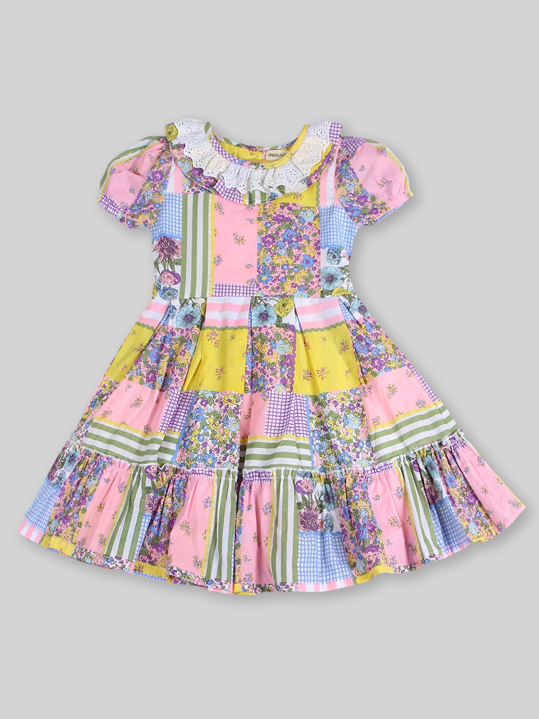 INCLUD Girls Floral Printed Puff Sleeves Ruffles Fit & Flare Dress