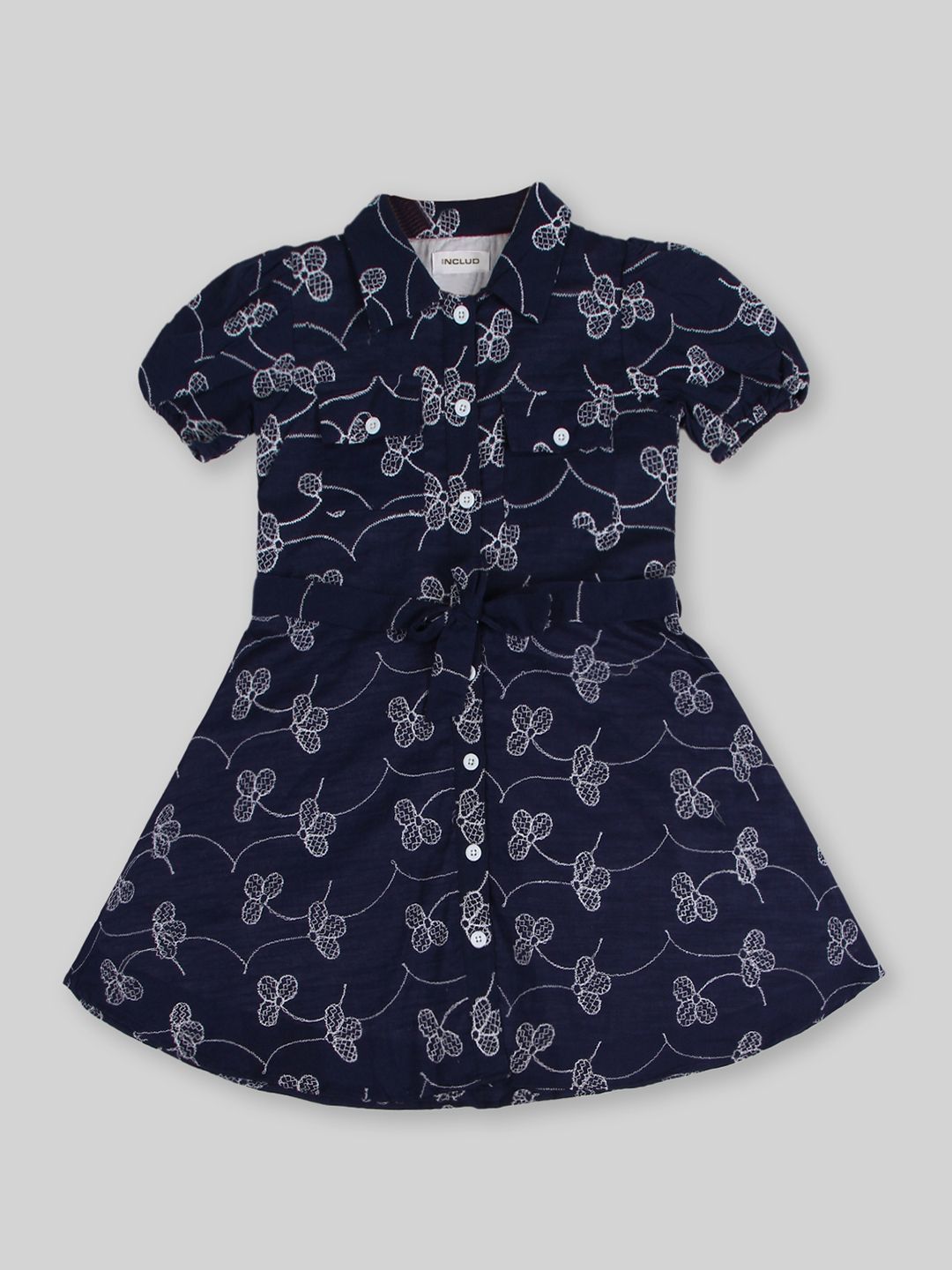 INCLUD Girls Floral Embroidered Puff Sleeves Shirt Dress