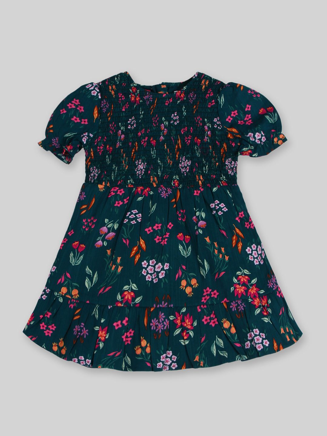 INCLUD Girls Floral Printed Puff Sleeves Smocked A-Line Dress
