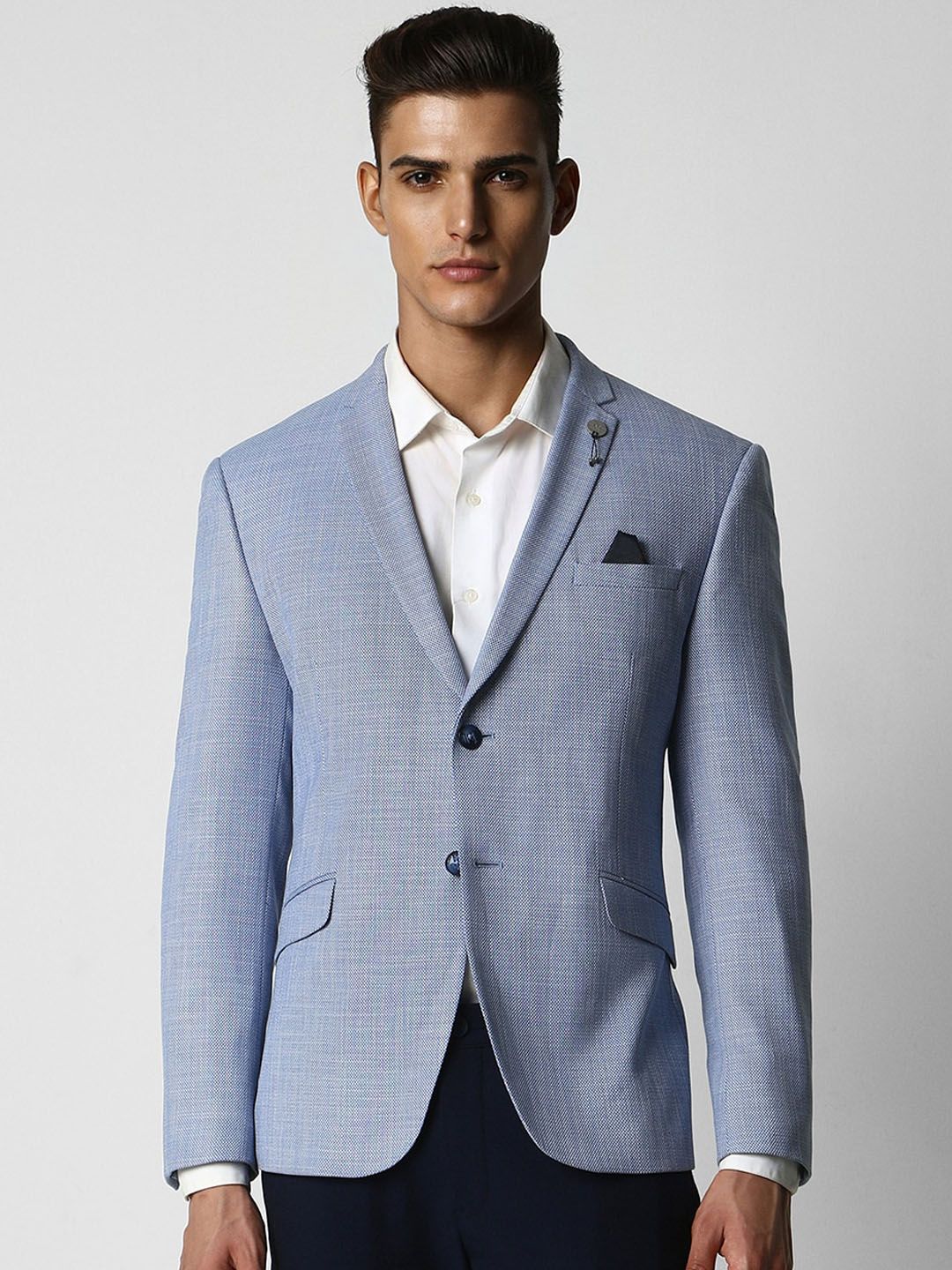 Van Heusen  Men Blue Textured skinny Casual Slim-Fit Single-Breasted Blazer