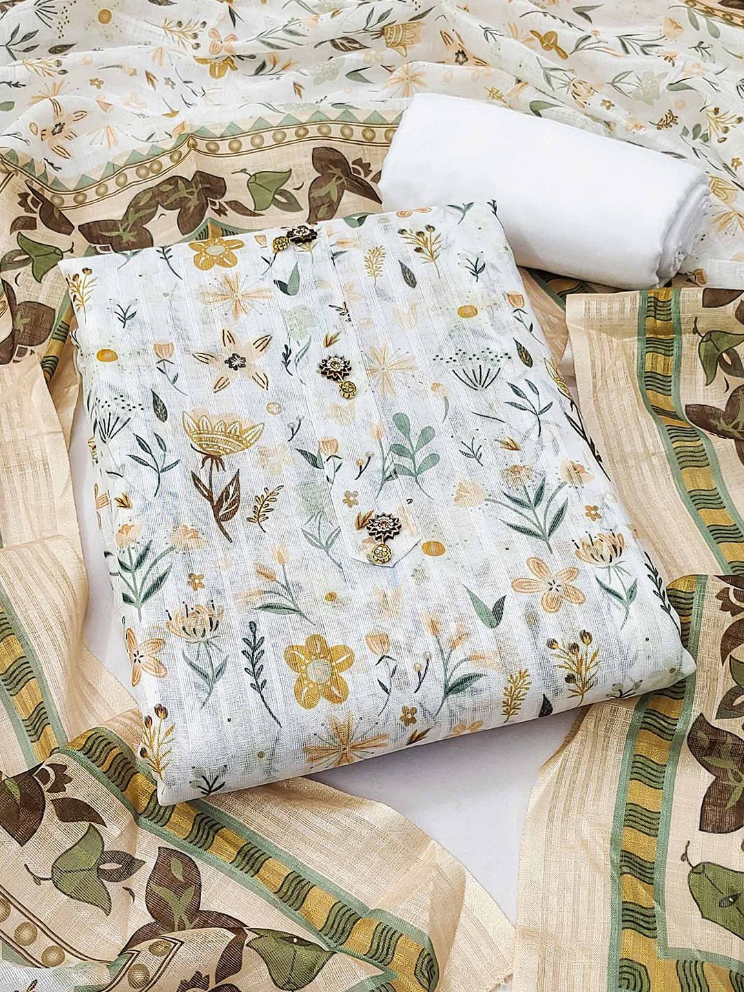 Peachmode Floral Printed Beads Pure Cotton Unstitched Dress Material