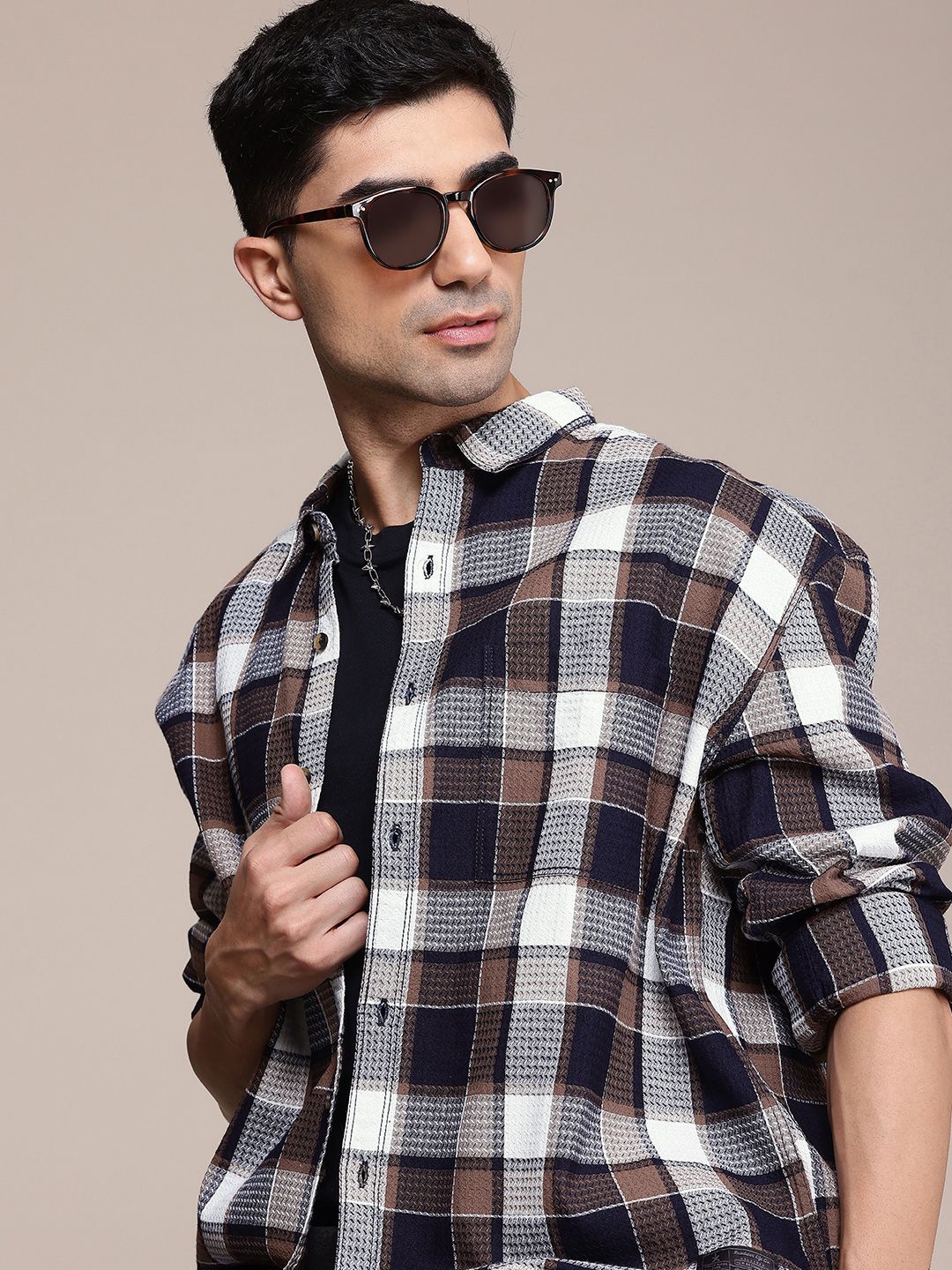Roadster Self Design Textured Checks Relaxed Fit Drop-Shoulder Shirt