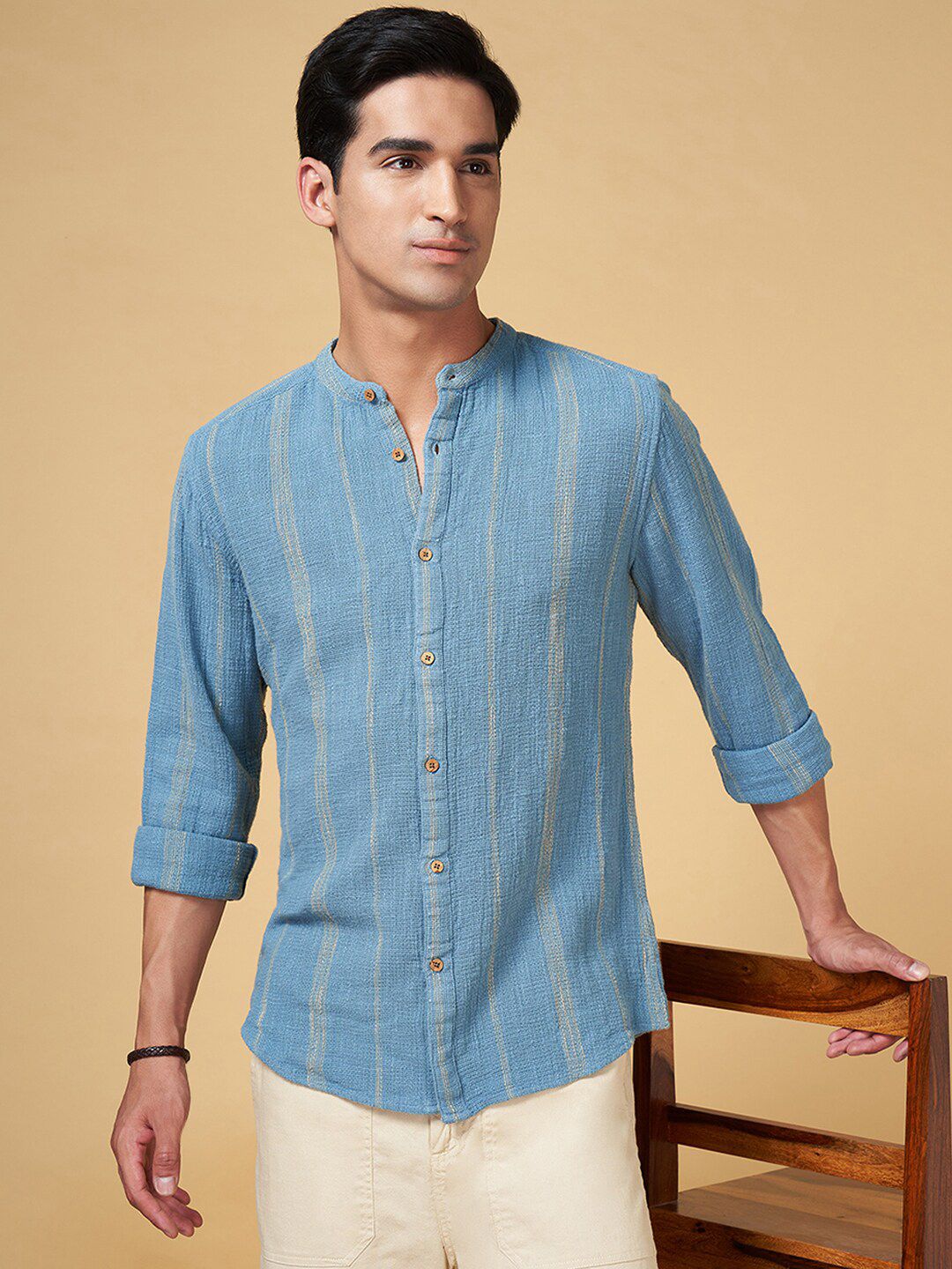 7 Alt by Pantaloons Relaxed Fit Vertical Striped Band Collar Pure Cotton Casual Shirt