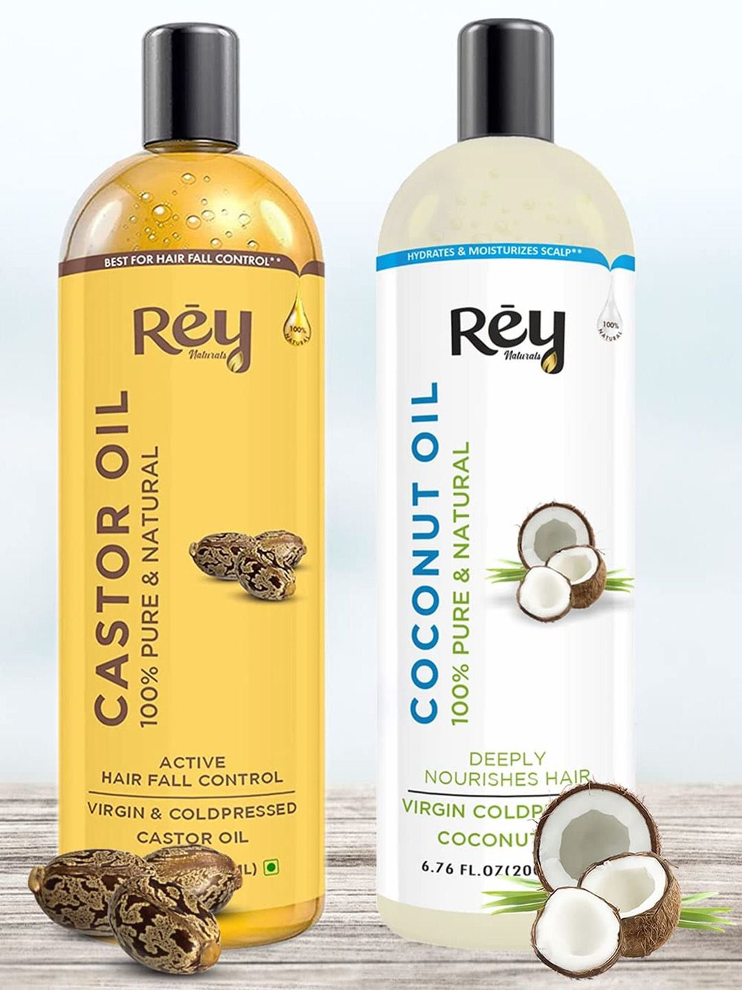 Rey Naturals Set Of 2 Castor Oil & Coconut Oil - 200 ml Each