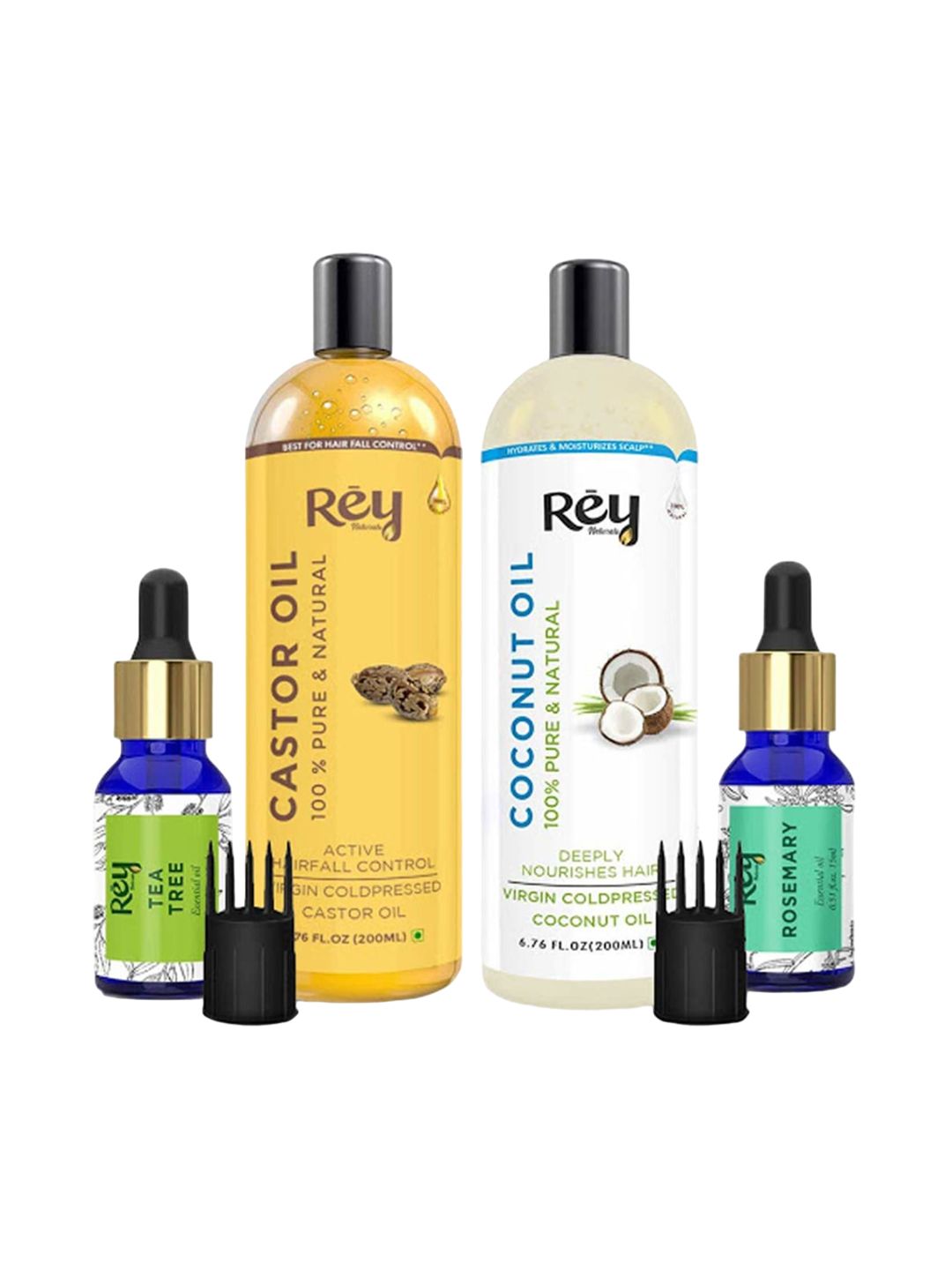 Rey Naturals Castor & Coconut Oil - 200ml Each & Tea Tree & Rosemary Essential Oil - 15ml