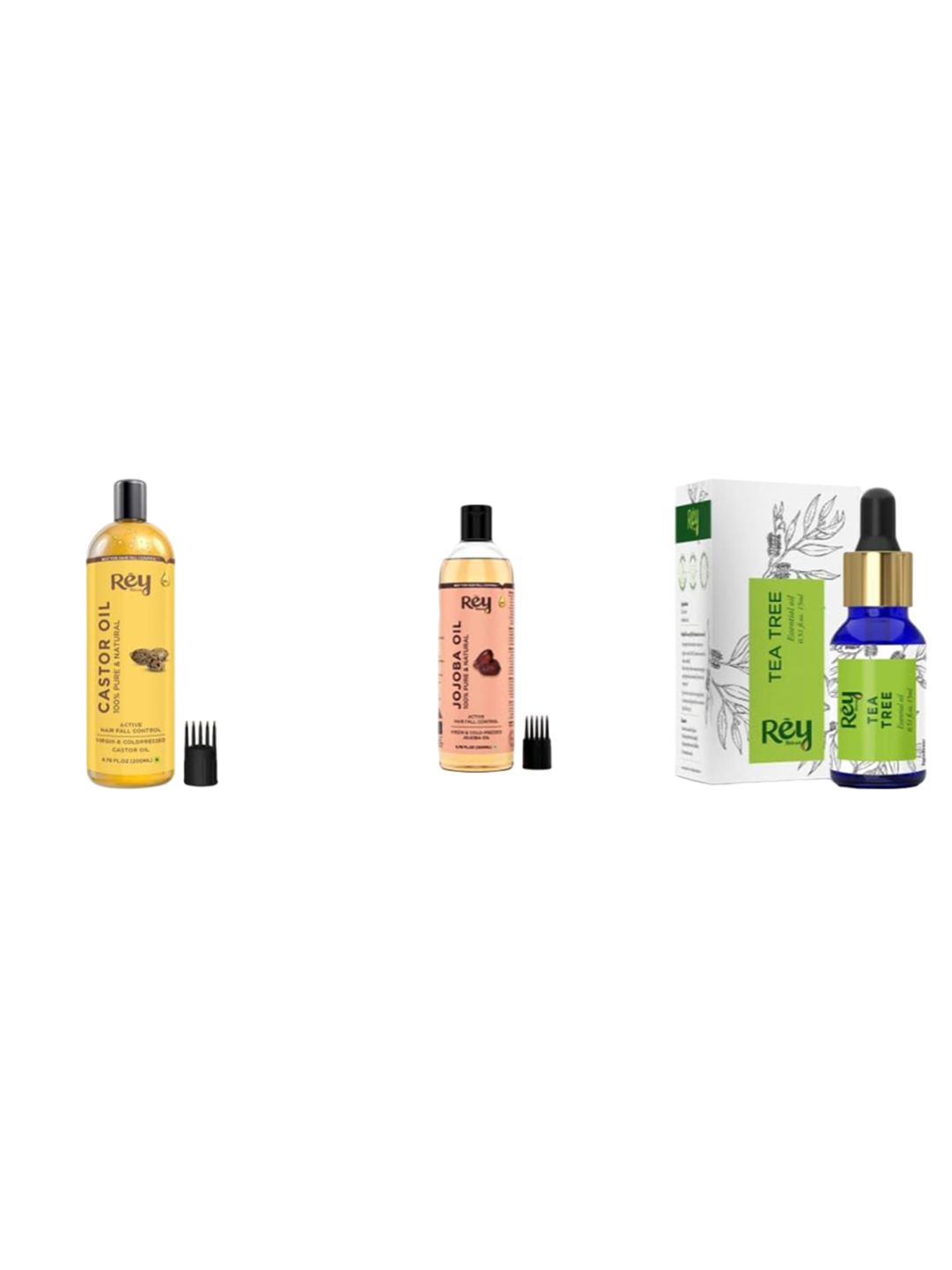 Rey Naturals Set Of 3 Jojoba Oil Castor Oil & Tea Tree Essential Oil - 200 ml Each- 15 ml