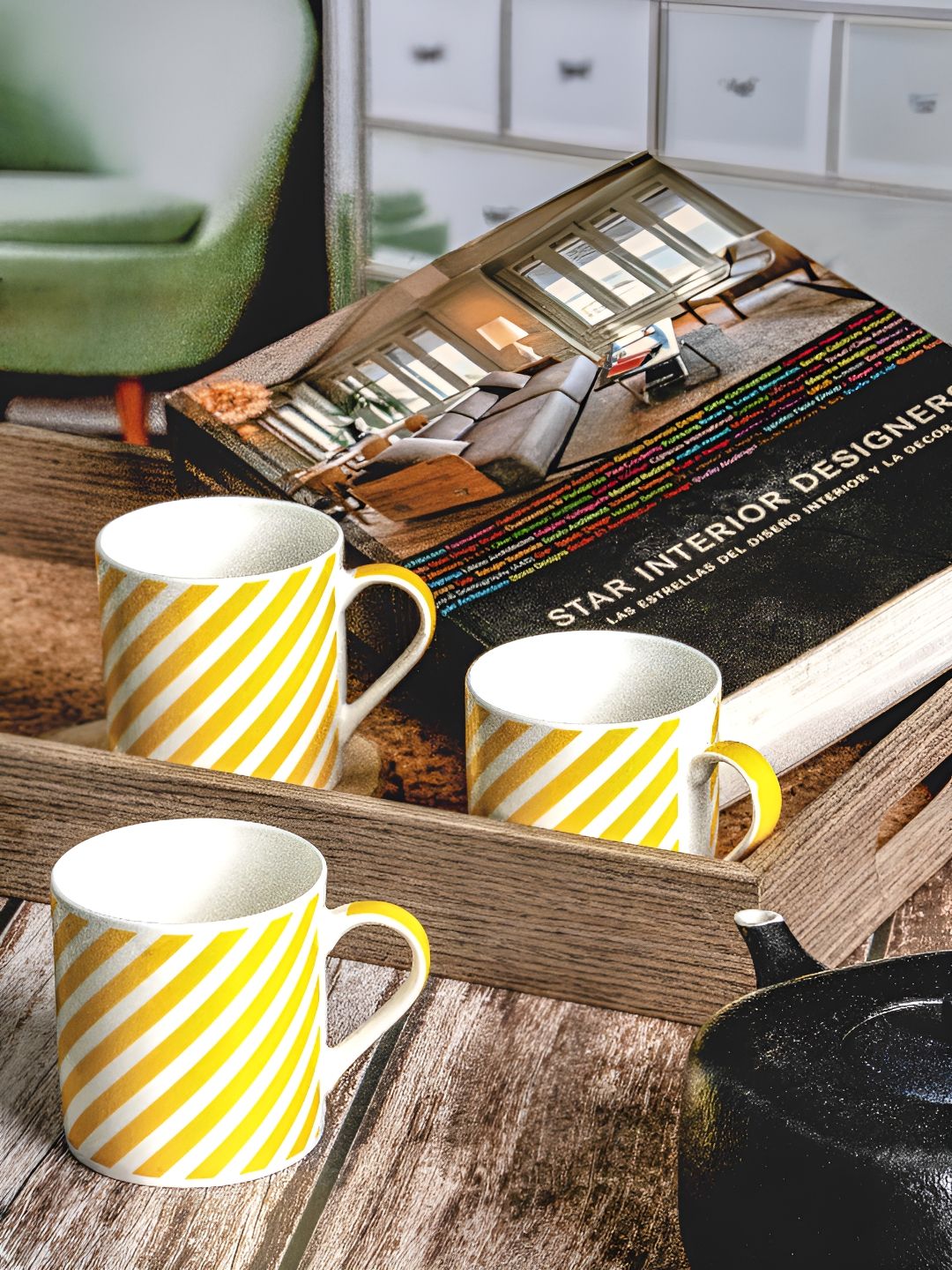 GOODHOMES White & Yellow Printed Bone China Glossy Mugs Set of Cups and Mugs