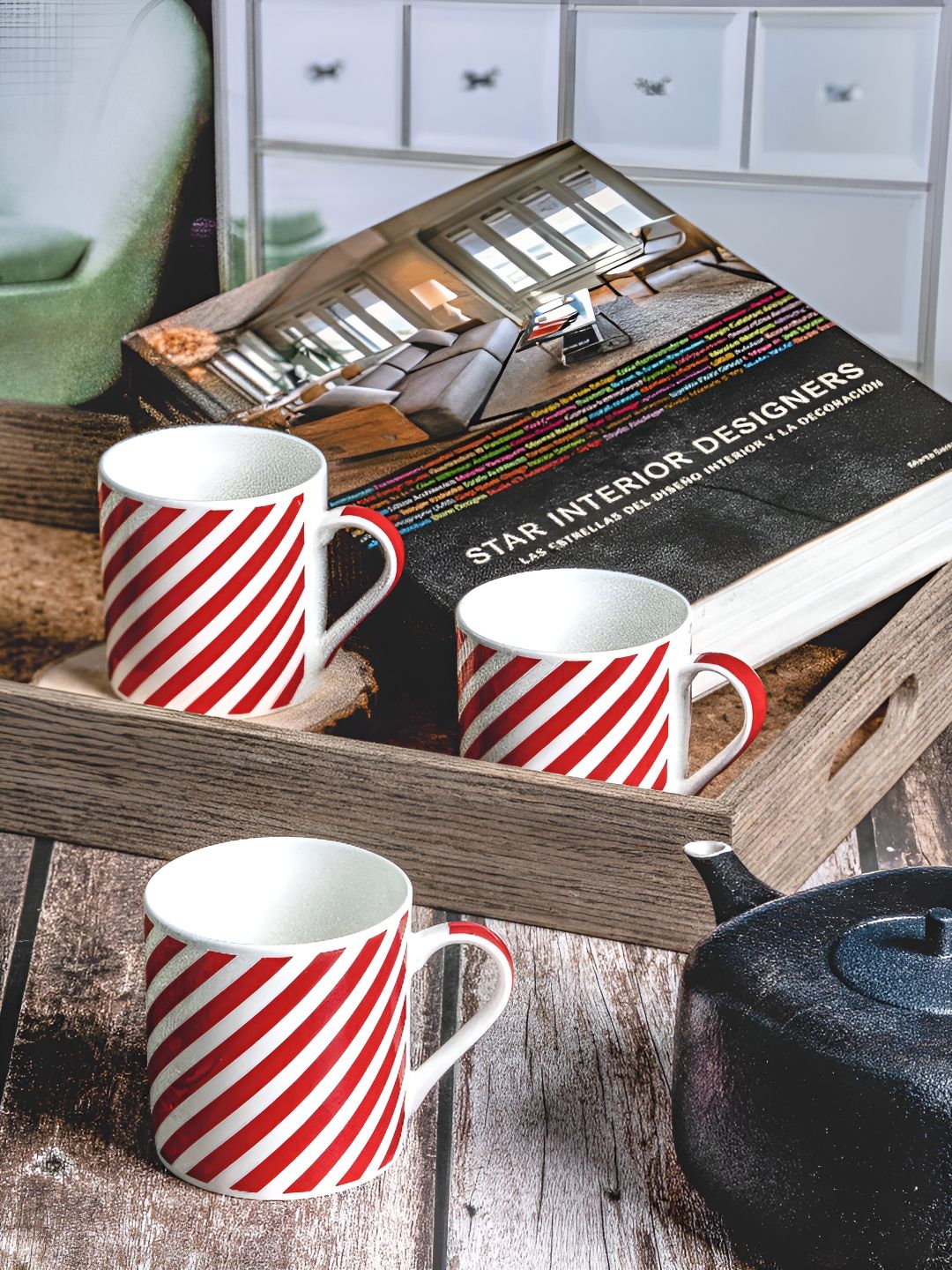 GOODHOMES Karela Shaped White Striped Bone China Handmade 6 Piece Mugs-550ml