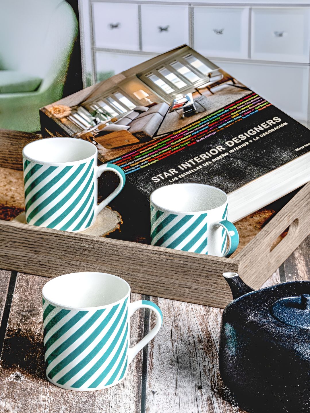 GOODHOMES White & Blue Printed Bone China Glossy Mugs Set of Cups and Mugs
