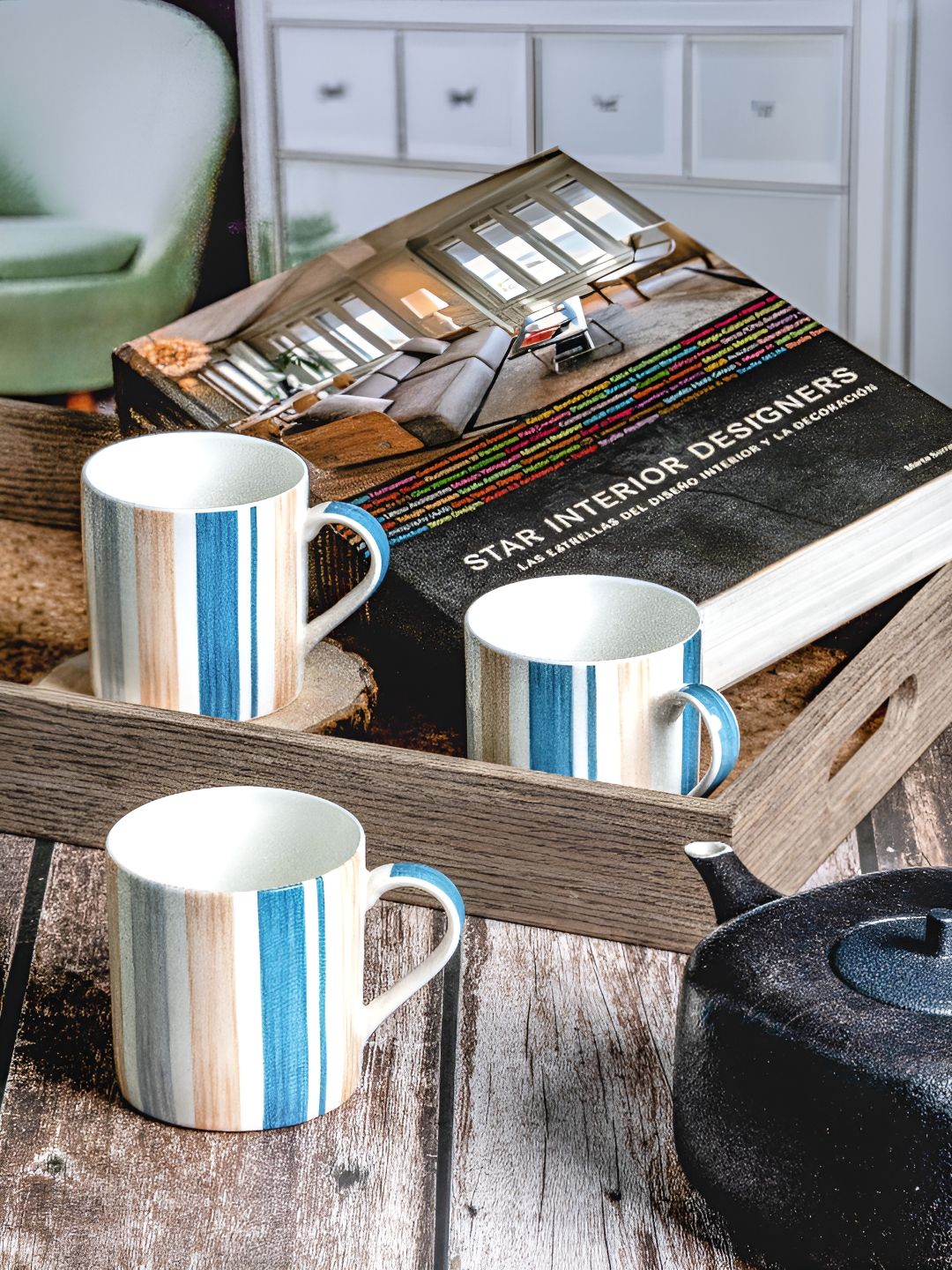 GOODHOMES Bada Bhai White Striped Bone China Handmade 6 Piece Mugs-220ml