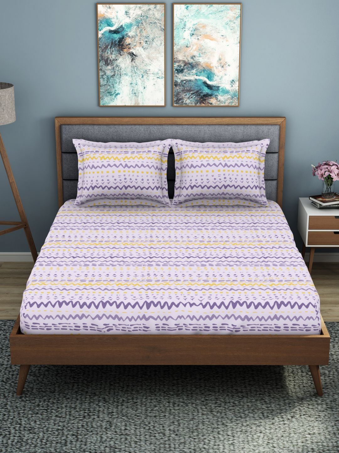 Welspun Violet Chevron Polycotton 200 TC King Fine Bedsheet with 2 Pillow Covers-108 x 108 inches