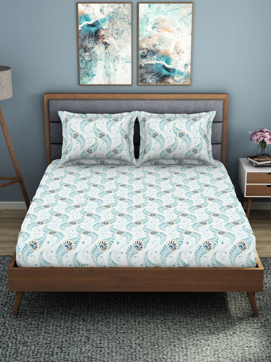 Welspun Blue Floral Polycotton 200 TC King Fine Bedsheet with 2 Pillow Covers-108 x 108 inches