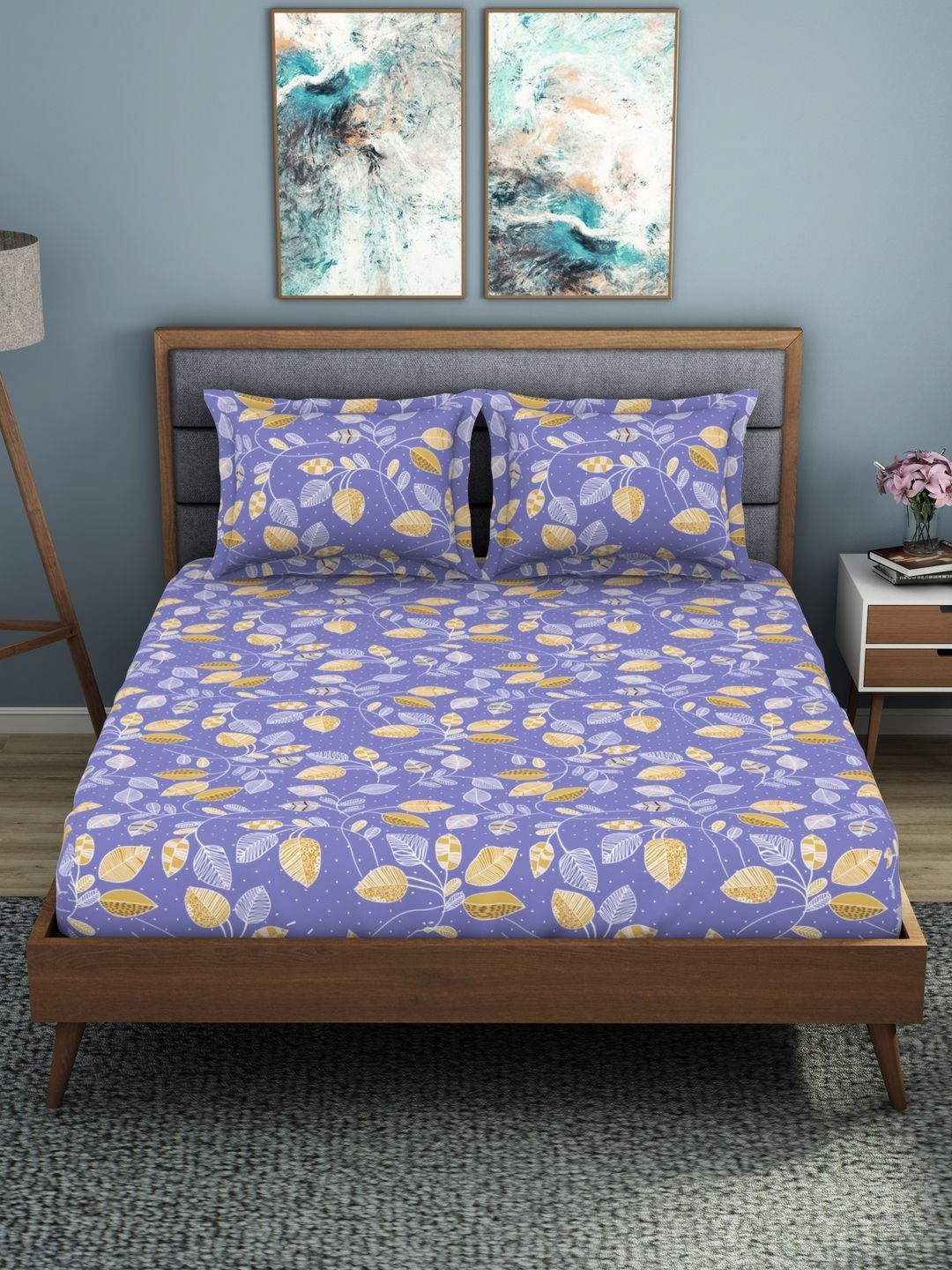 Welspun Violet Leaf Polycotton 200 TC King Fine Bedsheet with 2 Pillow Covers-108 x 108 inches