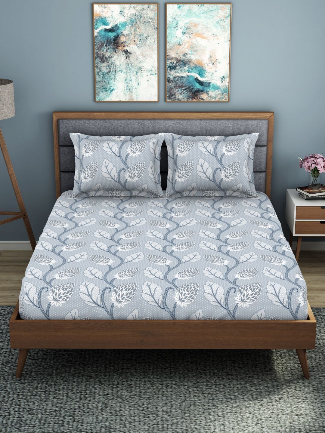 Welspun Blue Floral Polycotton 200 TC King Fine Bedsheet with 2 Pillow Covers-108 x 108In