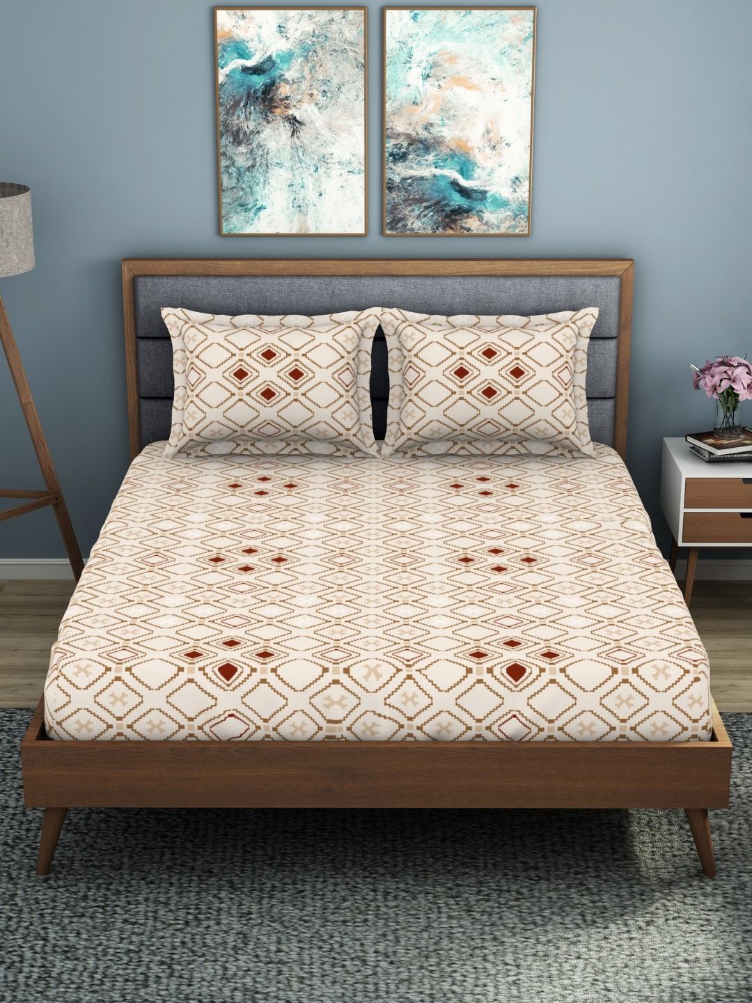 Welspun Beige Geometric Polycotton 200 TC King Fine Bedsheet with 2 Pillow Covers-108 x 108 inches