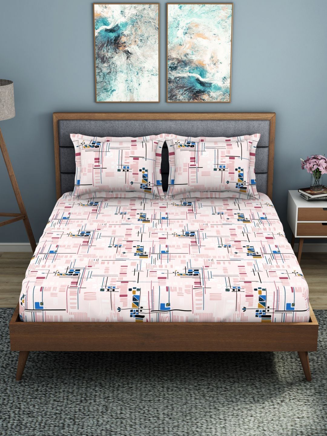 Welspun Pink Abstract Polycotton 200 TC Double Bedsheet with 2 Pillow Covers - 108 x 108In