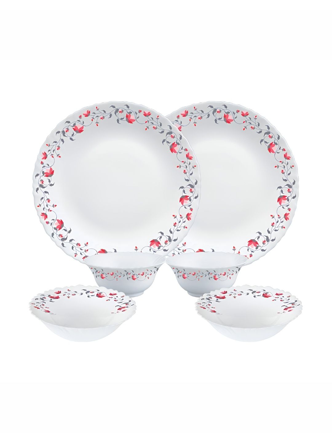 Larah by BOROSIL Fluted 6 Pcs White & Red Printed Opalware Dinner Set