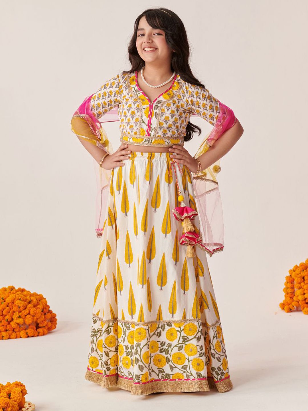 Pspeaches Girls Off White And Yellow Floral Cotton Lehenga Choli Dupatta Set