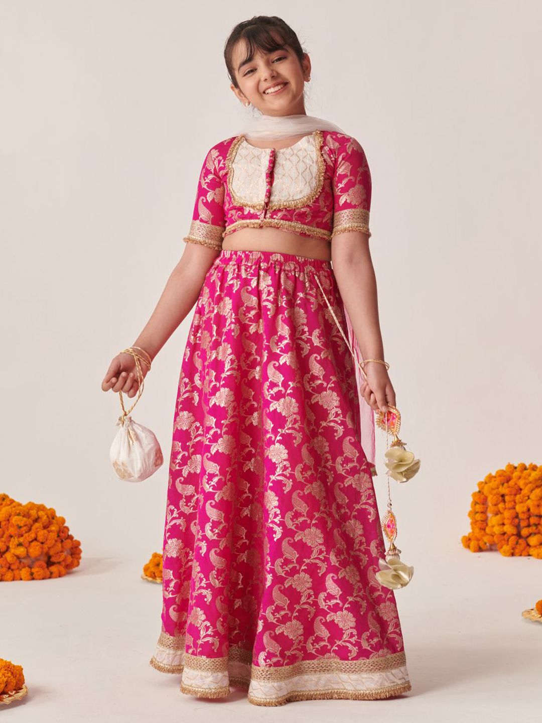 Pspeaches Girls Magenta Zari Brocade Lehenga Choli Dupatta Set