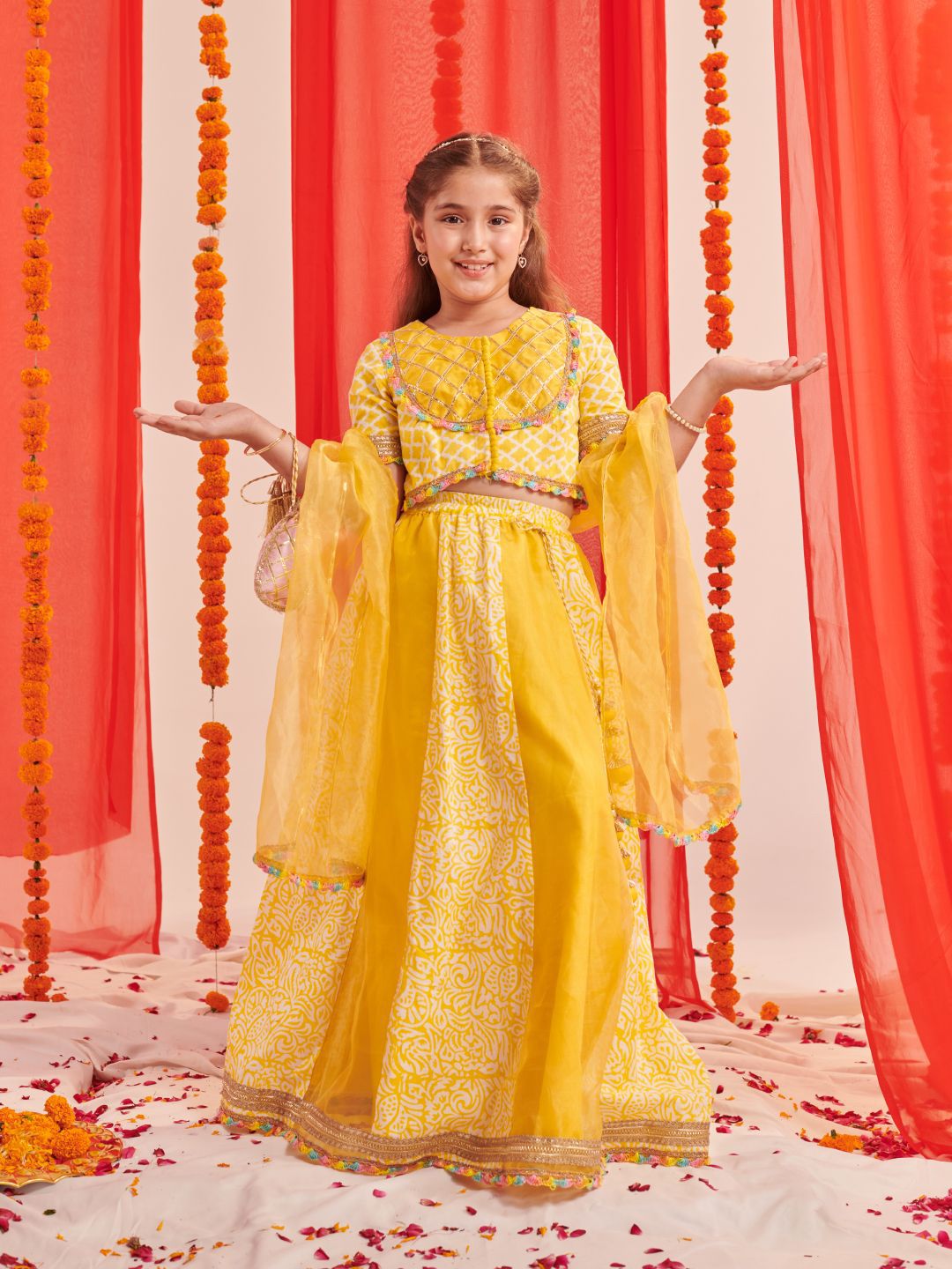 Pspeaches Girls Yellow Cotton Organza Lehenga Choli Dupatta Set